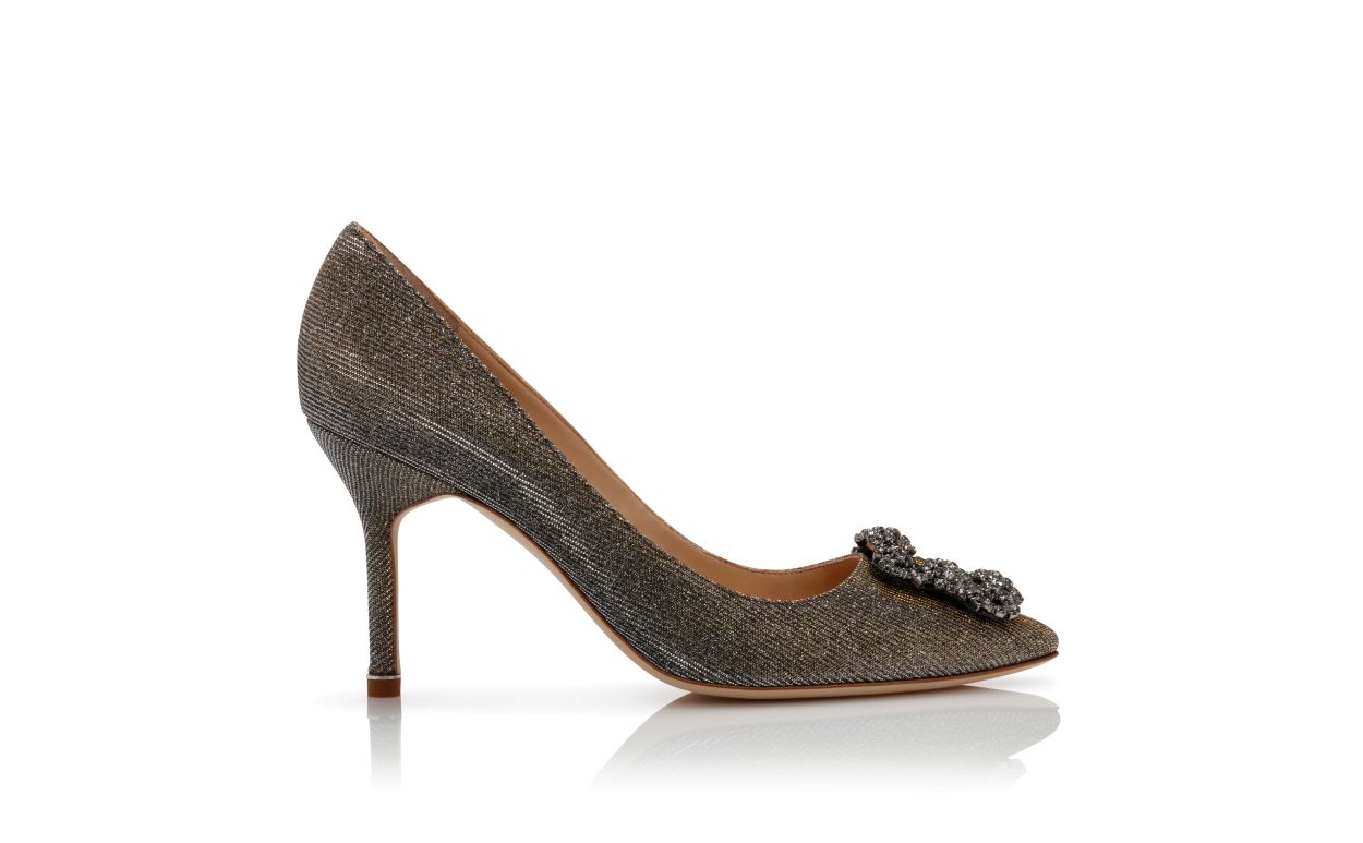 Valentina Crown Gold Jewel Buckle Pumps – side profile showing gold jewel buckle, crystal buckle, almond toe, SimmiUnique