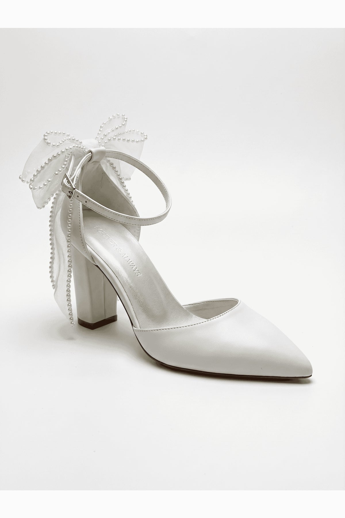 Elvienne Pointed Toe Bow Detail Block Heel Bridal Sandals – front three-quarter view showing bow, ivory, red, SimmiUnique