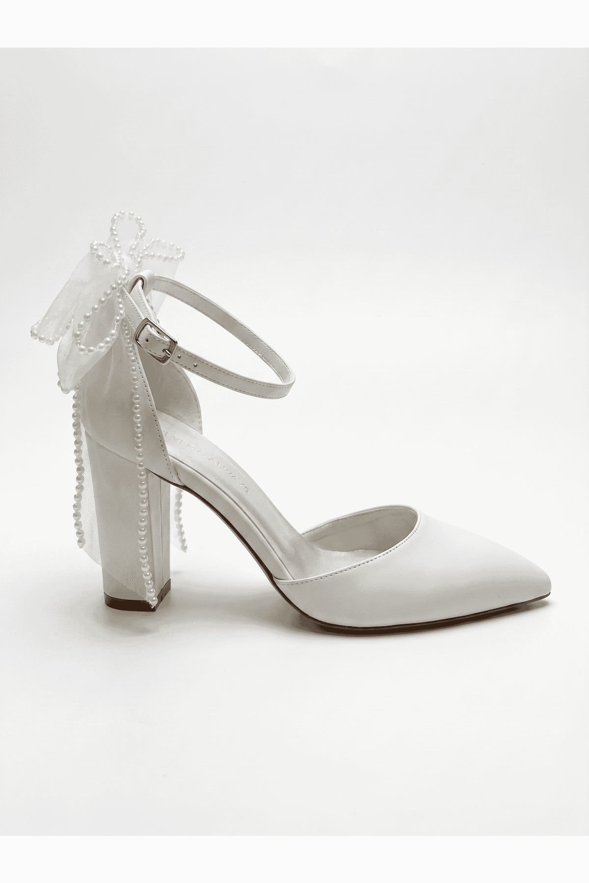 Elvienne Pointed Toe Bow Detail Block Heel Bridal Sandals – side view showing bow, ivory, red, SimmiUnique