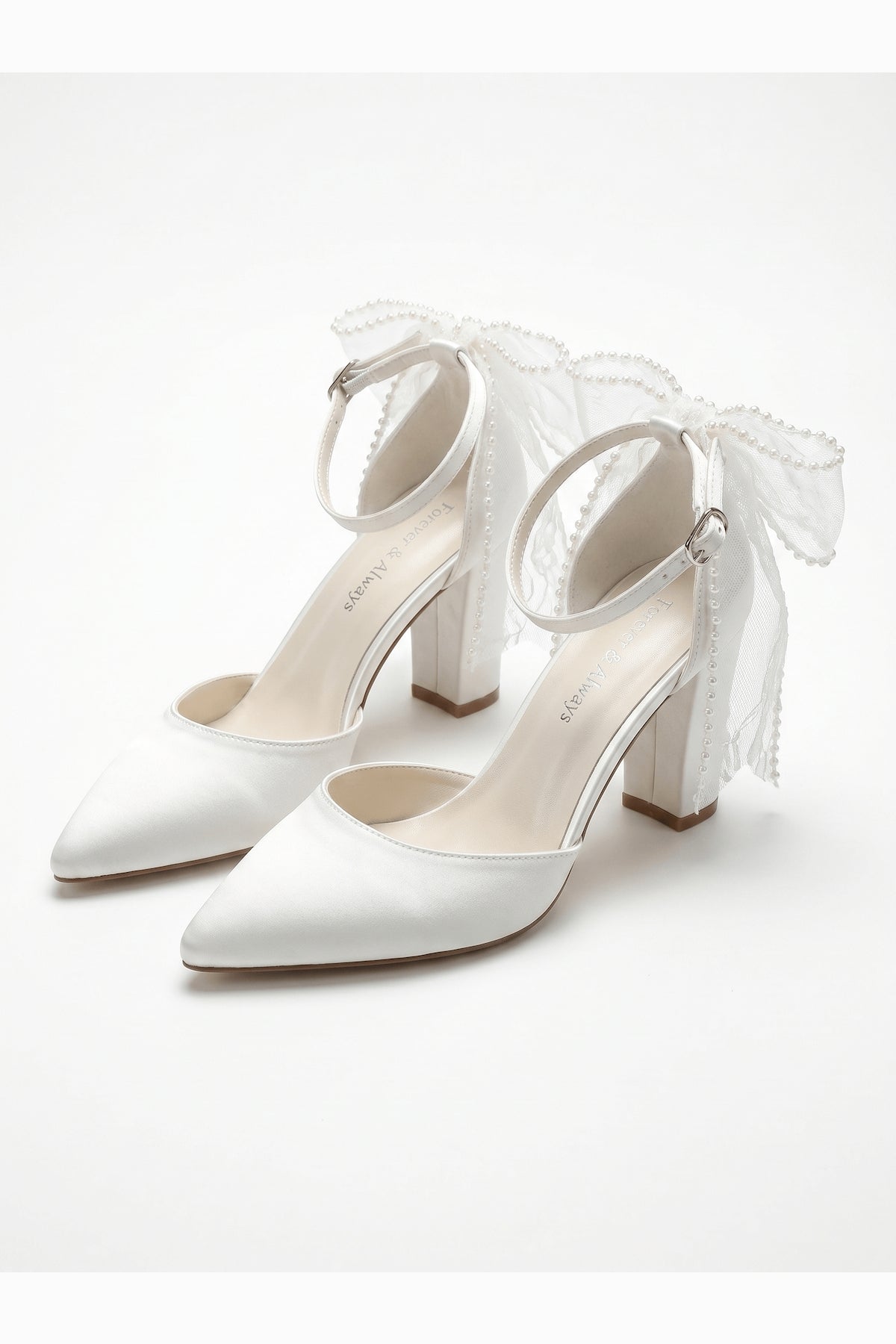 Elvienne Pointed Toe Bow Detail Block Heel Bridal Sandals – top view showing bow, ivory, red, SimmiUnique