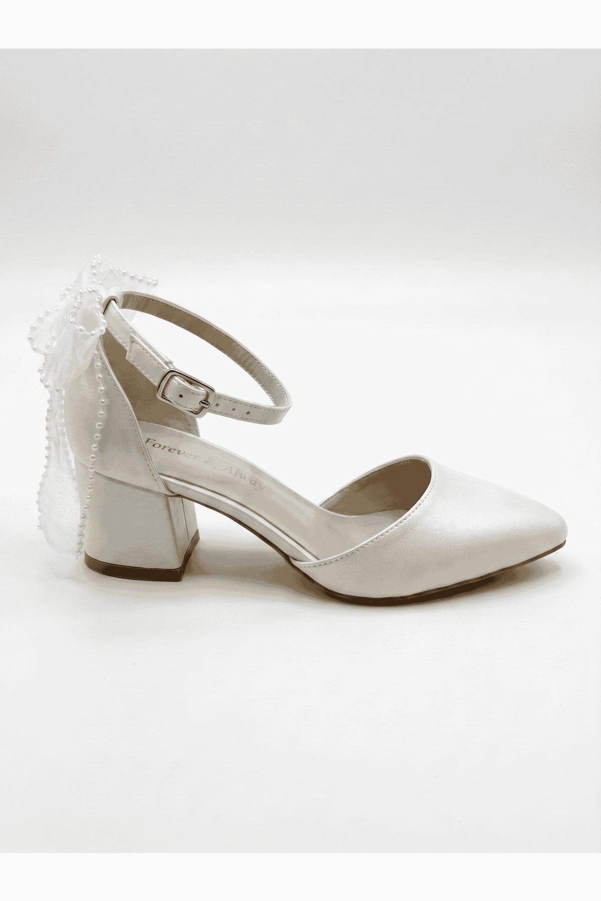 Rosavelle Pointed Toe Bow Detail Block Heel Bridal Sandals – side view showing bow, lace, ivory, SimmiUnique