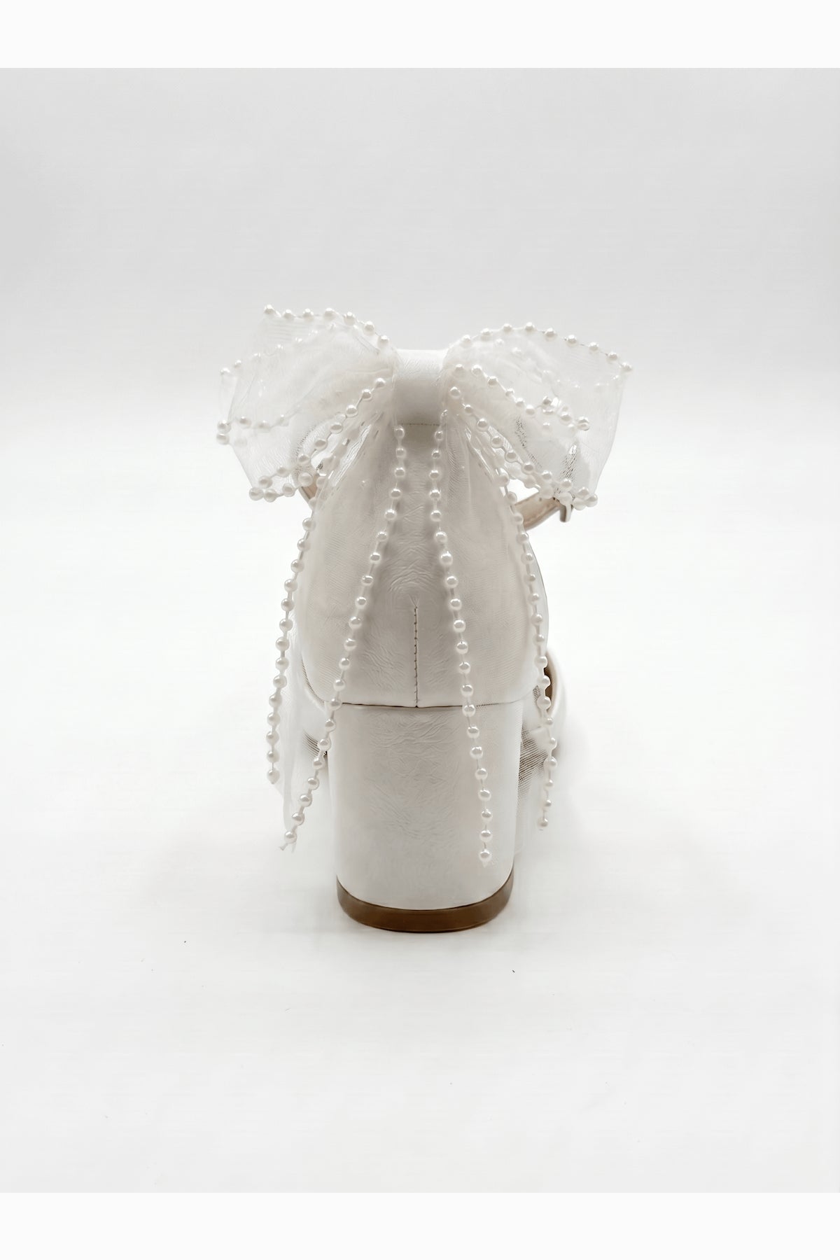 Rosavelle Pointed Toe Bow Detail Block Heel Bridal Sandals – detail view showing bow, lace, ivory, SimmiUnique