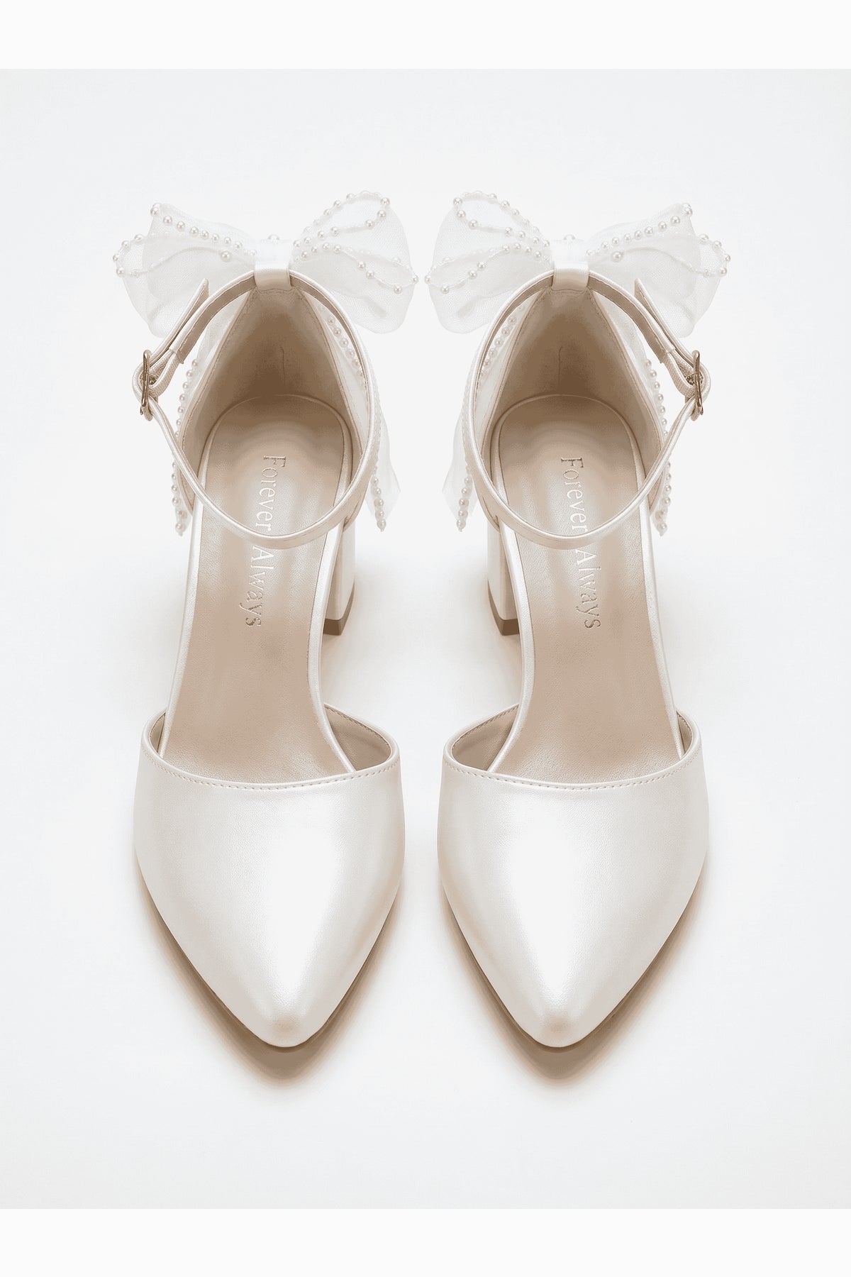 Rosavelle Pointed Toe Bow Detail Block Heel Bridal Sandals – top view showing bow, lace, ivory, SimmiUnique