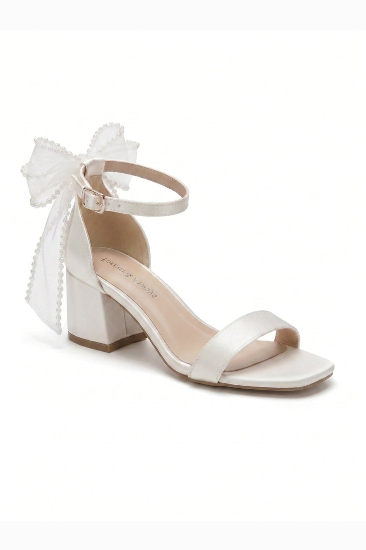 Floraya Opentoe Bow Detail Block Heel Bridal Sandals – front three-quarter view showing bow, lace, ivory, SimmiUnique