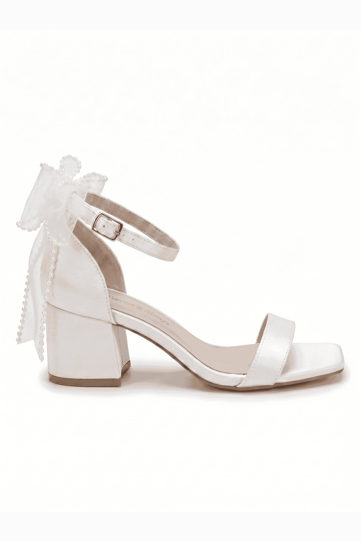 Floraya Opentoe Bow Detail Block Heel Bridal Sandals – side view showing bow, lace, ivory, SimmiUnique