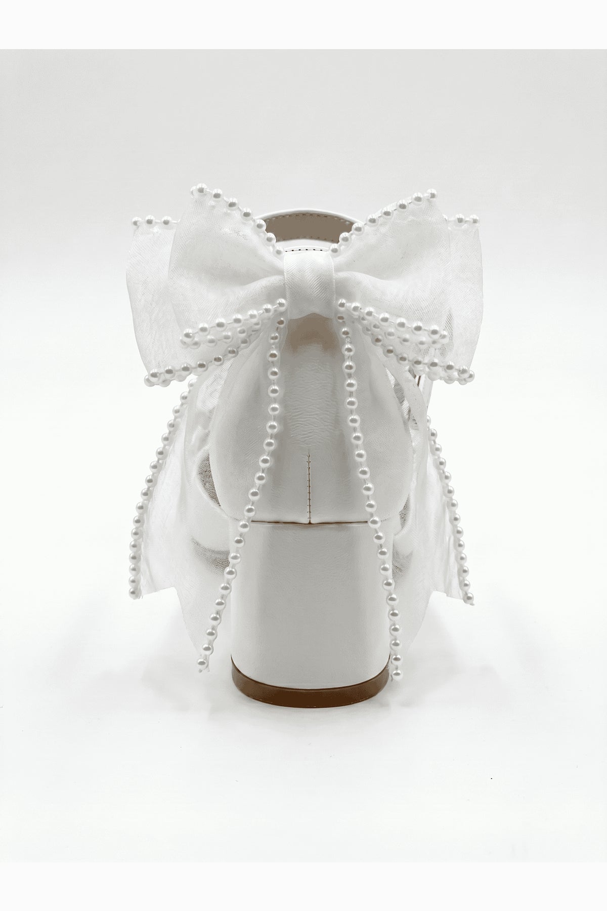 Floraya Opentoe Bow Detail Block Heel Bridal Sandals – detail view showing bow, lace, ivory, SimmiUnique
