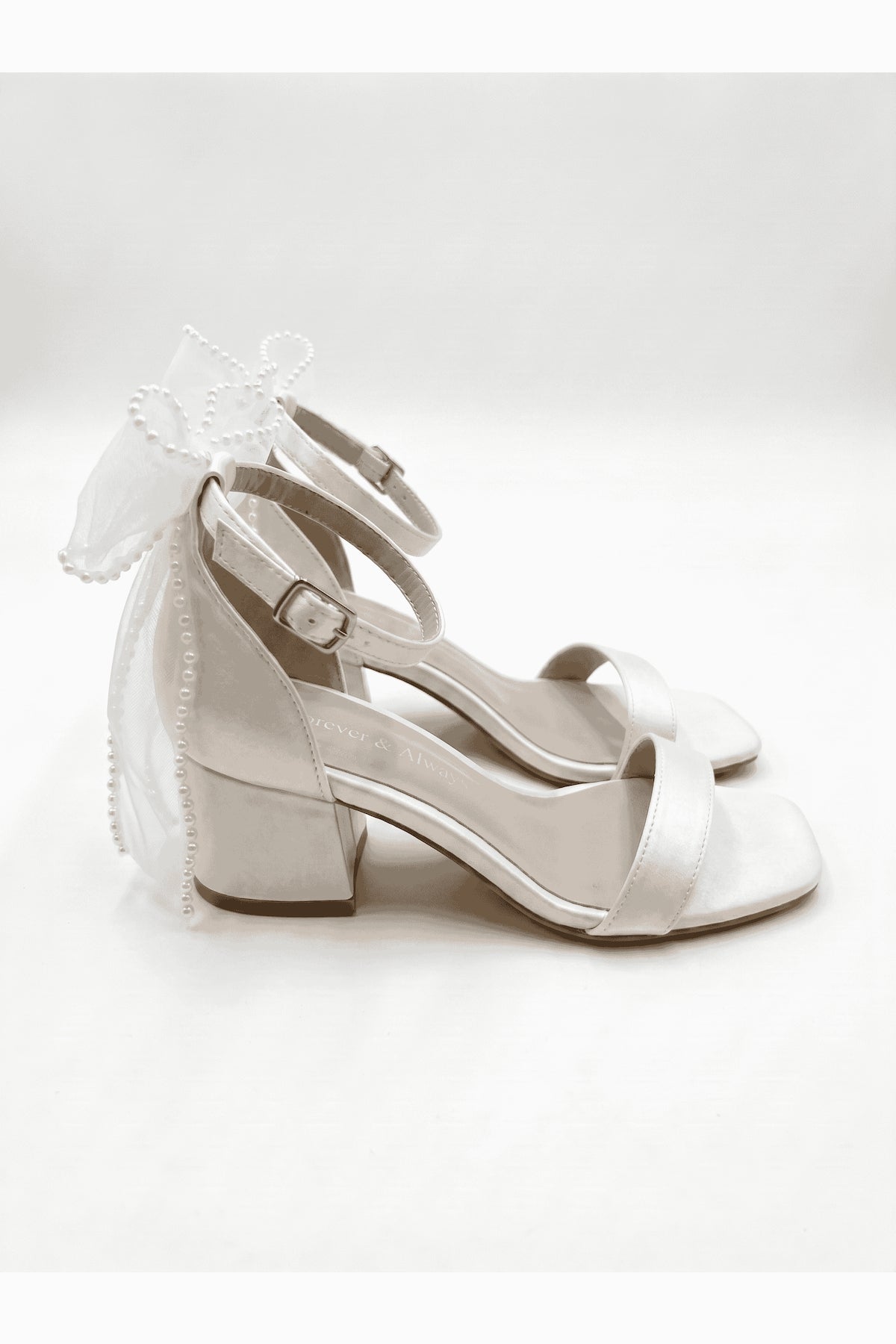 Floraya Opentoe Bow Detail Block Heel Bridal Sandals – heel view showing bow, lace, ivory, SimmiUnique