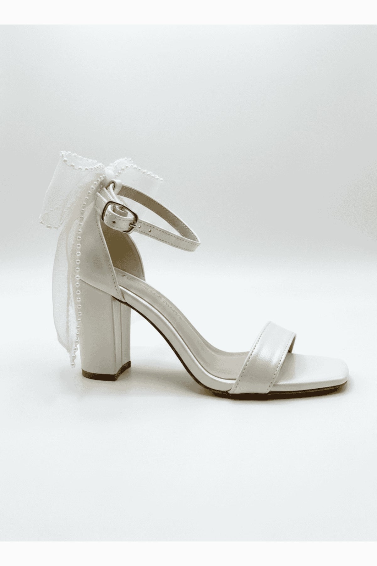 Evarose Open Toe Bow Detail Block Heel Bridal Sandals – side view showing bow, lace, ivory, SimmiUnique