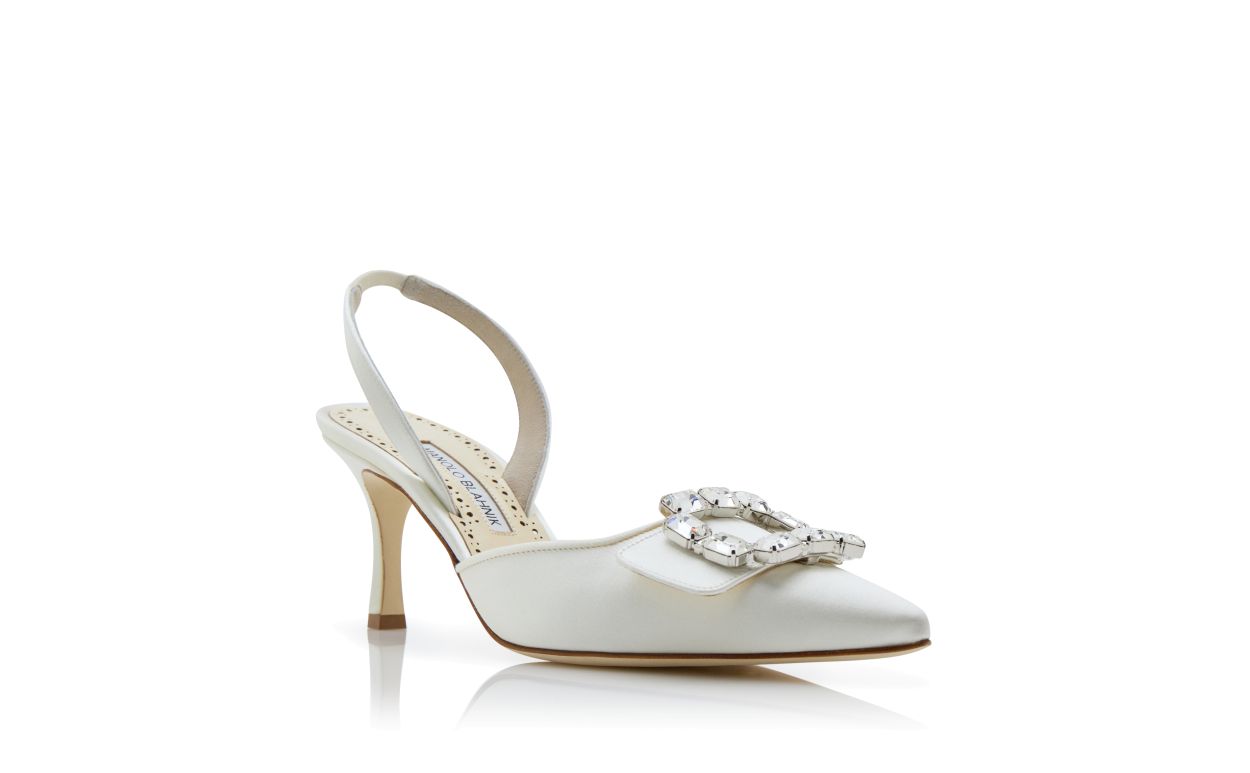 Aurelia Jewel White Crystal Buckle Slingbacks – top view showing white crystal buckle, slingback, pointed toe, satin…