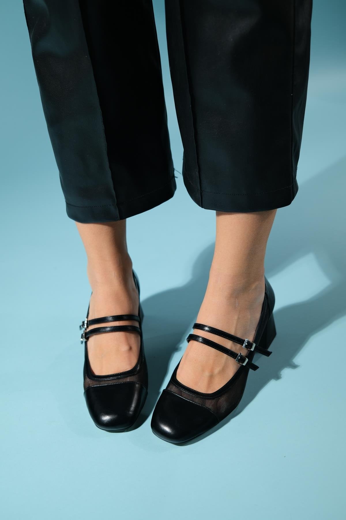 Scots - Black Block Heel Shoe – back view showing leather, black, SimmiUnique