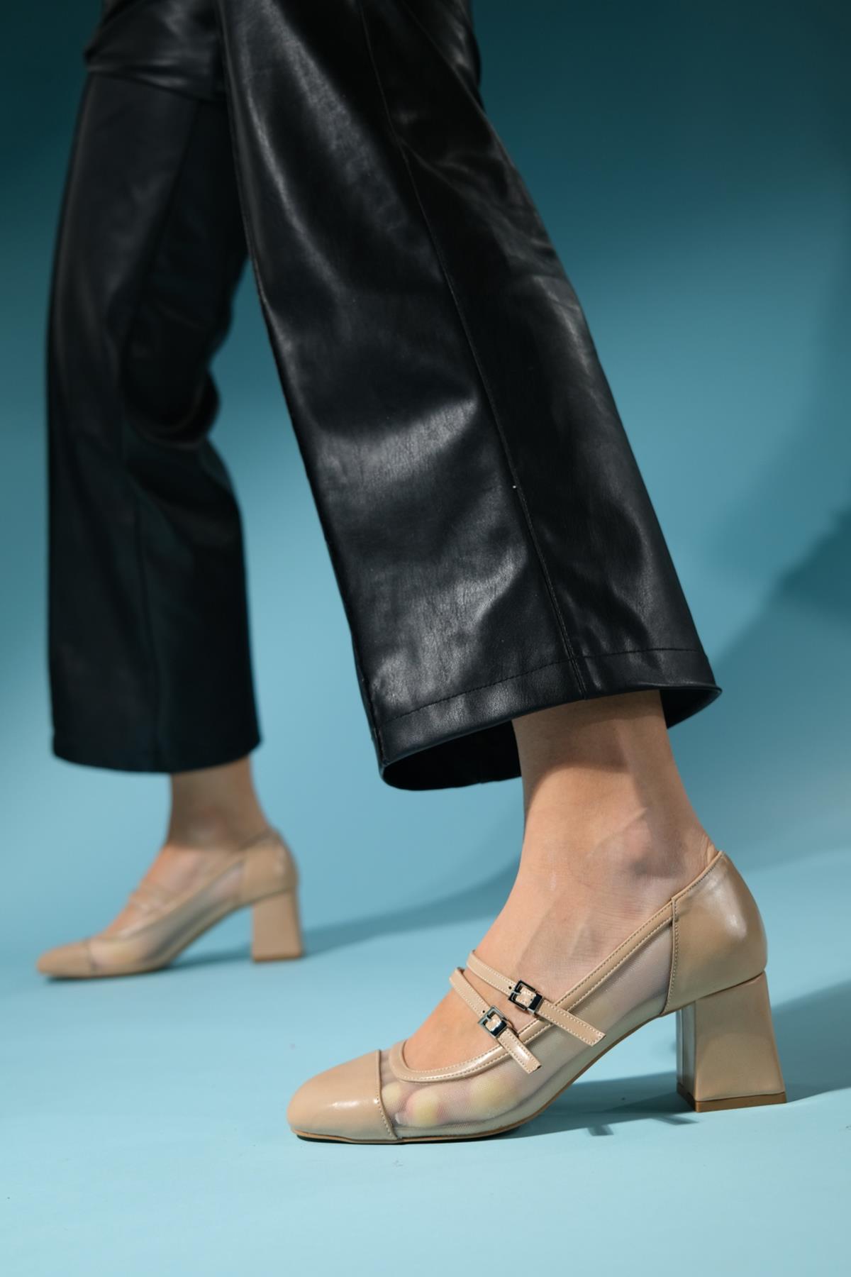 Scots - Beige Block Heel Shoe – heel view showing leather, SimmiUnique