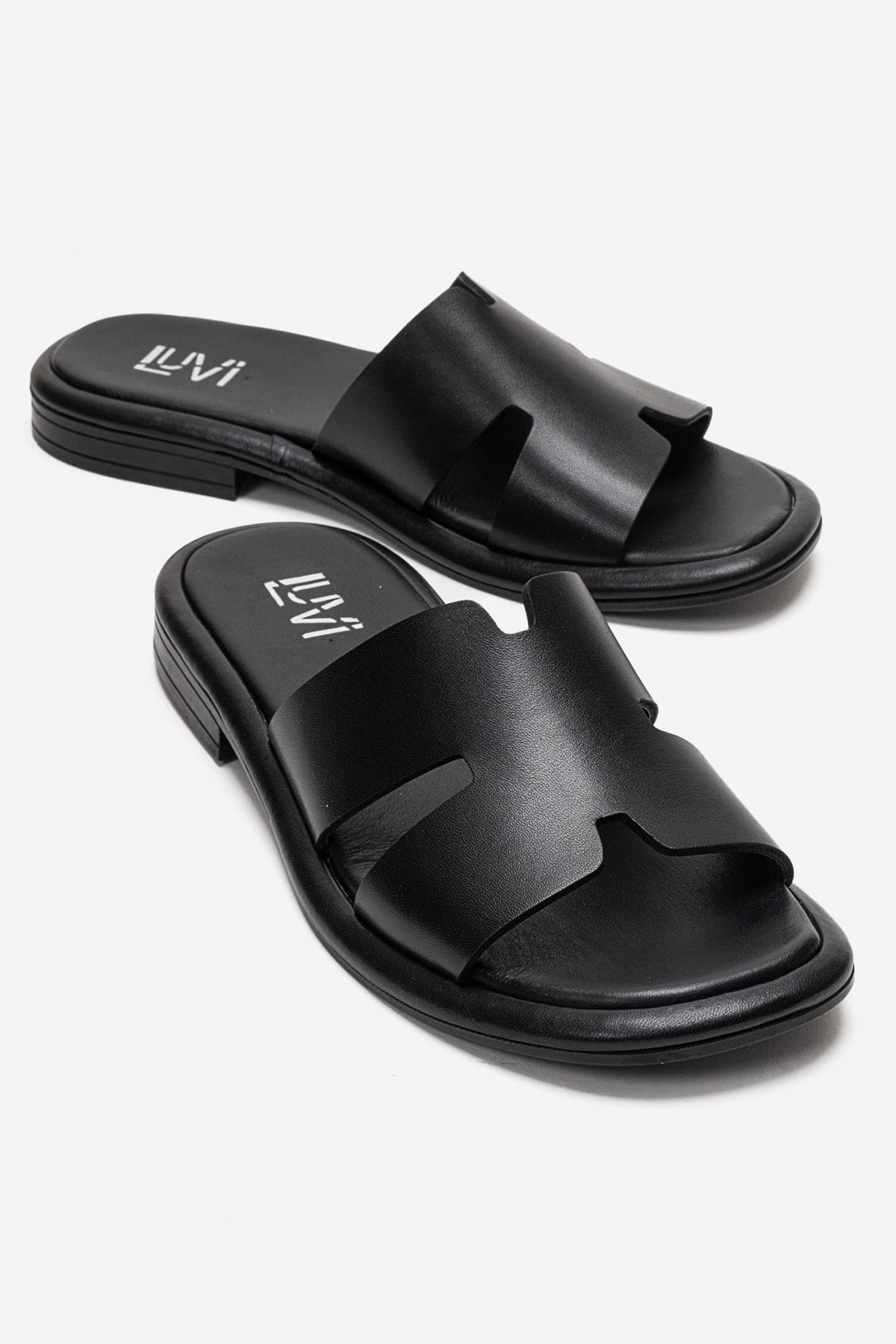 BRIO - Black Genuine Leather Slide – front three-quarter view showing leather, black, SimmiUnique