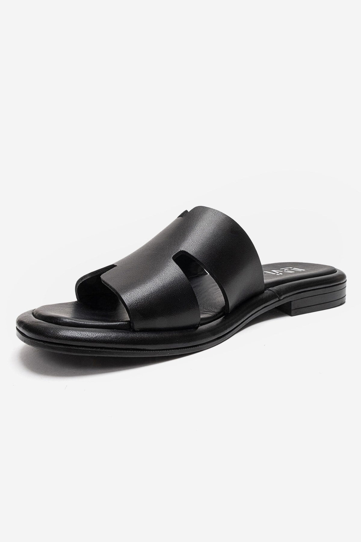 BRIO - Black Genuine Leather Slide – top view showing leather, black, SimmiUnique