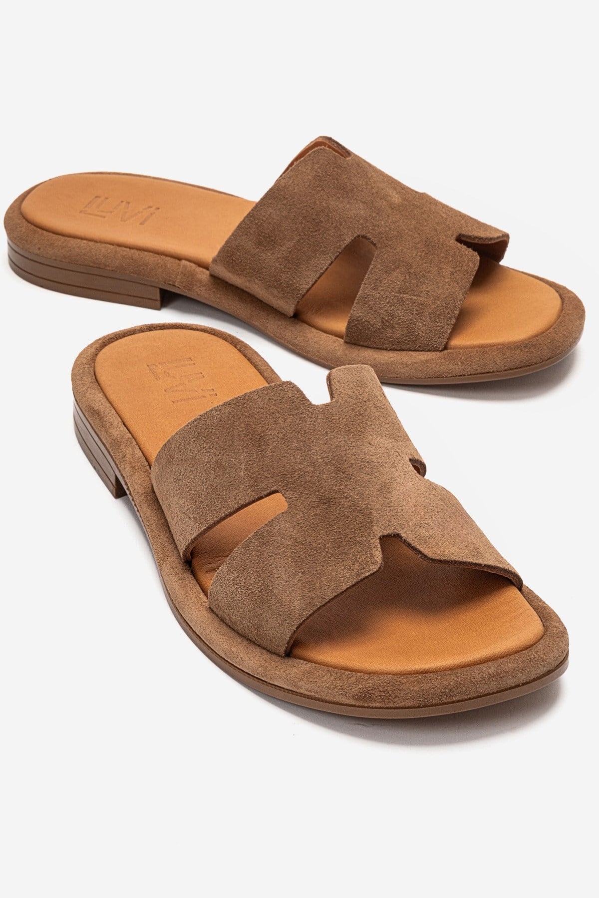 BRIO - Camel Genuine Leather Slide – front three-quarter view showing leather, suede, SimmiUnique