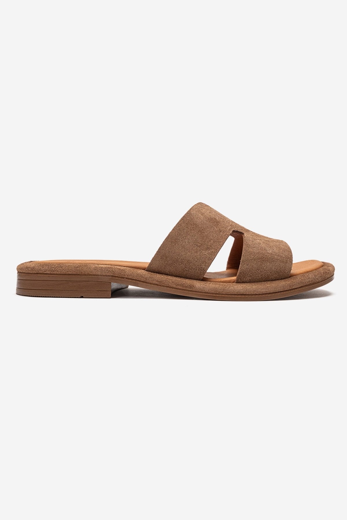 BRIO - Camel Genuine Leather Slide – heel view showing leather, suede, SimmiUnique