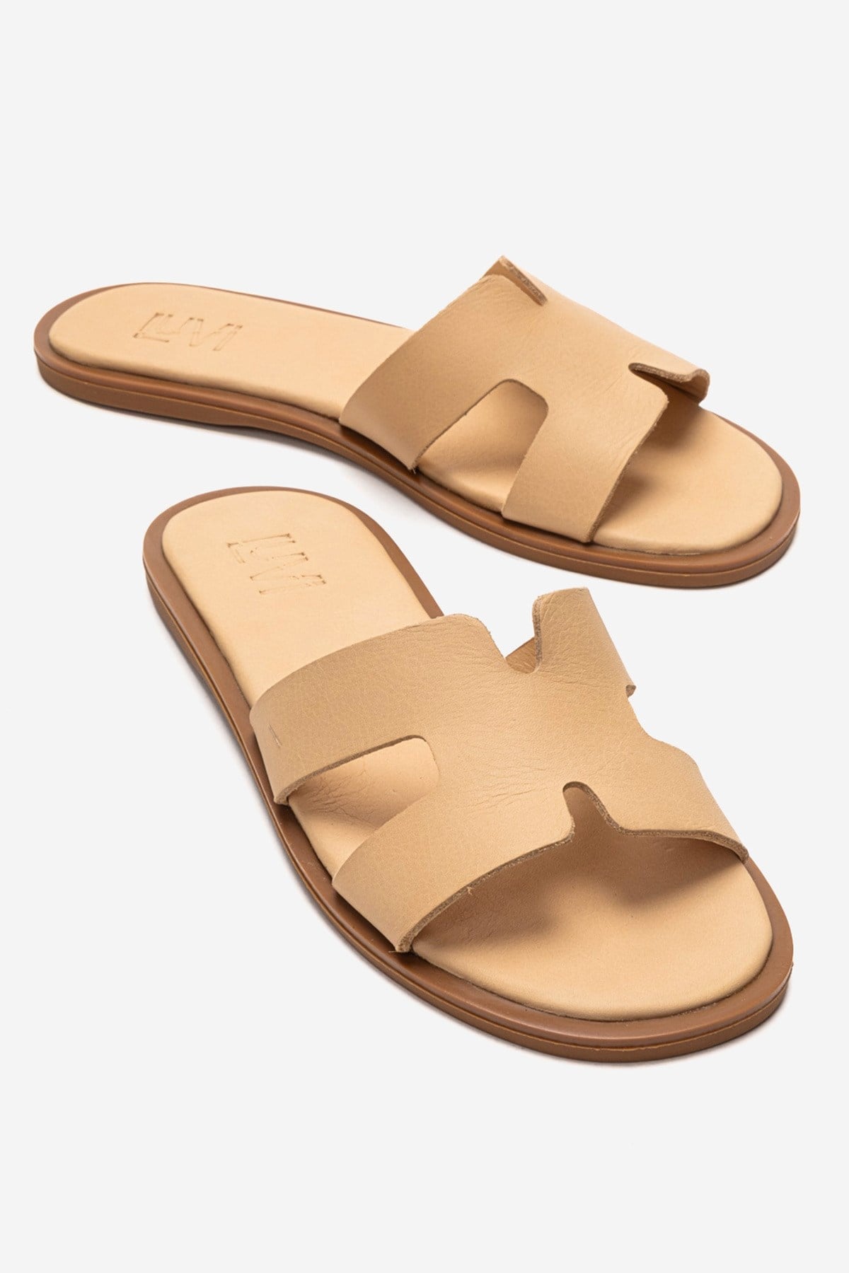 BIORA - Taupe Genuine Leather Slide – front three-quarter view showing leather, SimmiUnique