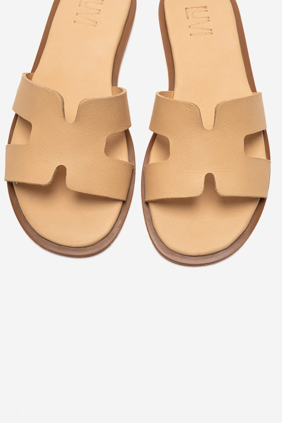 BIORA - Taupe Genuine Leather Slide – side view showing leather, SimmiUnique