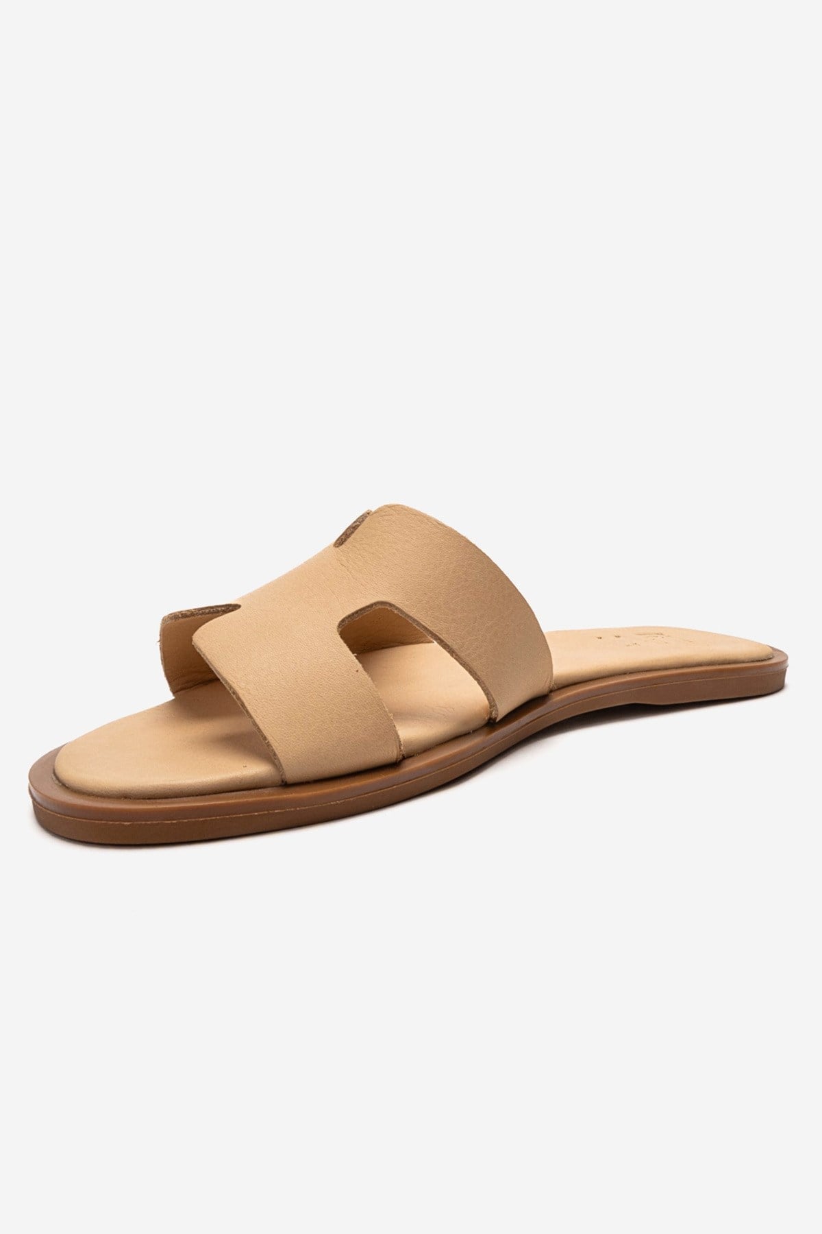 BIORA - Taupe Genuine Leather Slide – top view showing leather, SimmiUnique