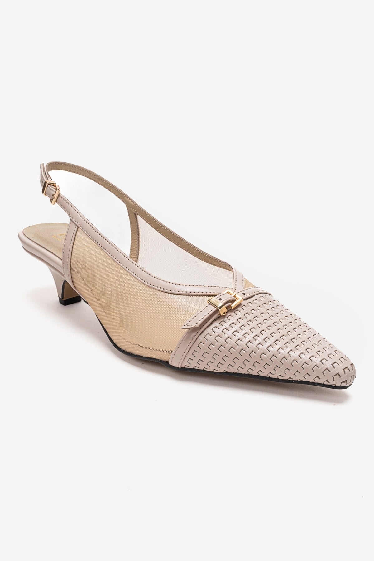 LAVIERA - Beige Genuine Leather Slingback Low Heel Pump – detail view showing leather, mesh, metallic, SimmiUnique