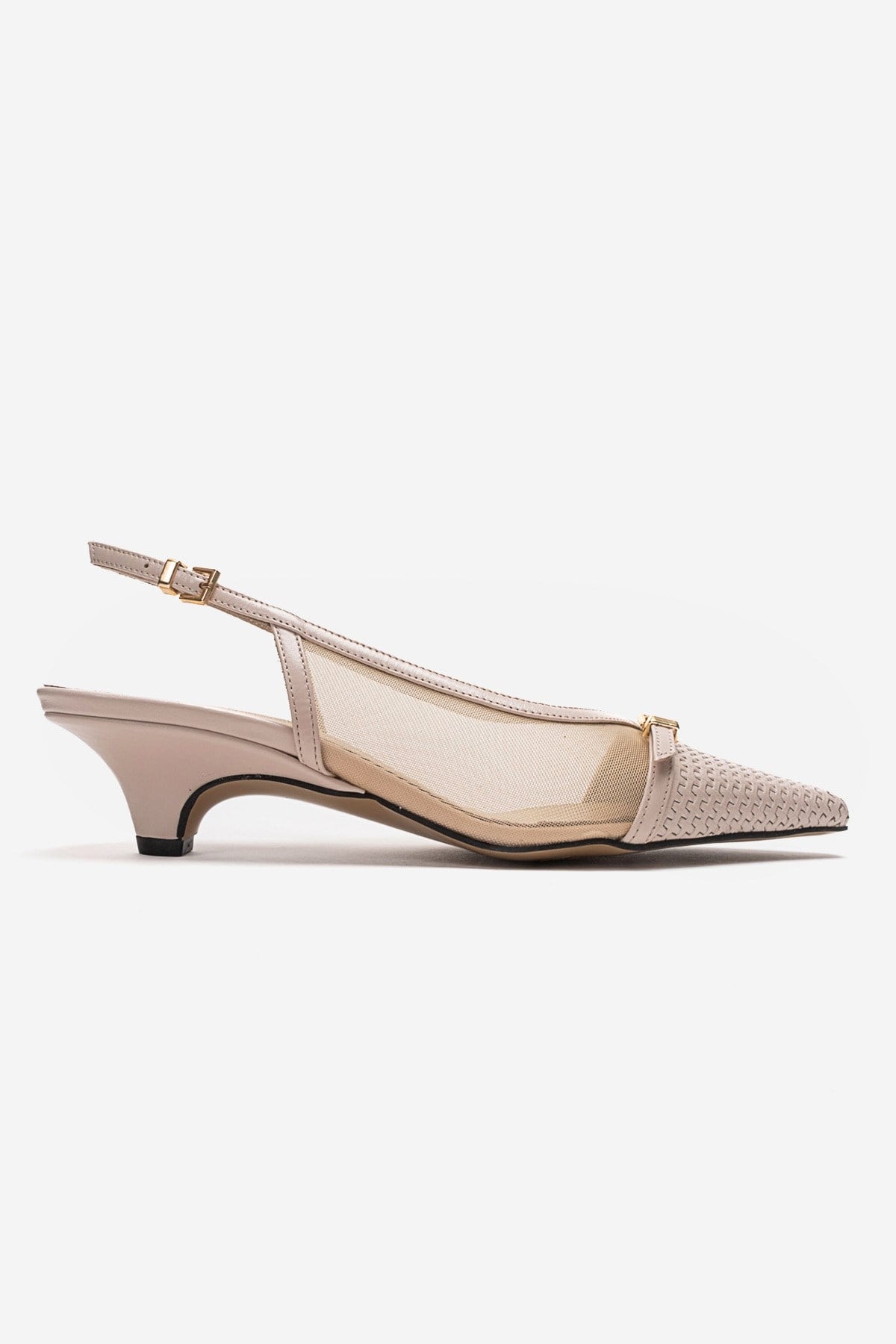LAVIERA - Beige Genuine Leather Slingback Low Heel Pump – heel view showing leather, mesh, metallic, SimmiUnique