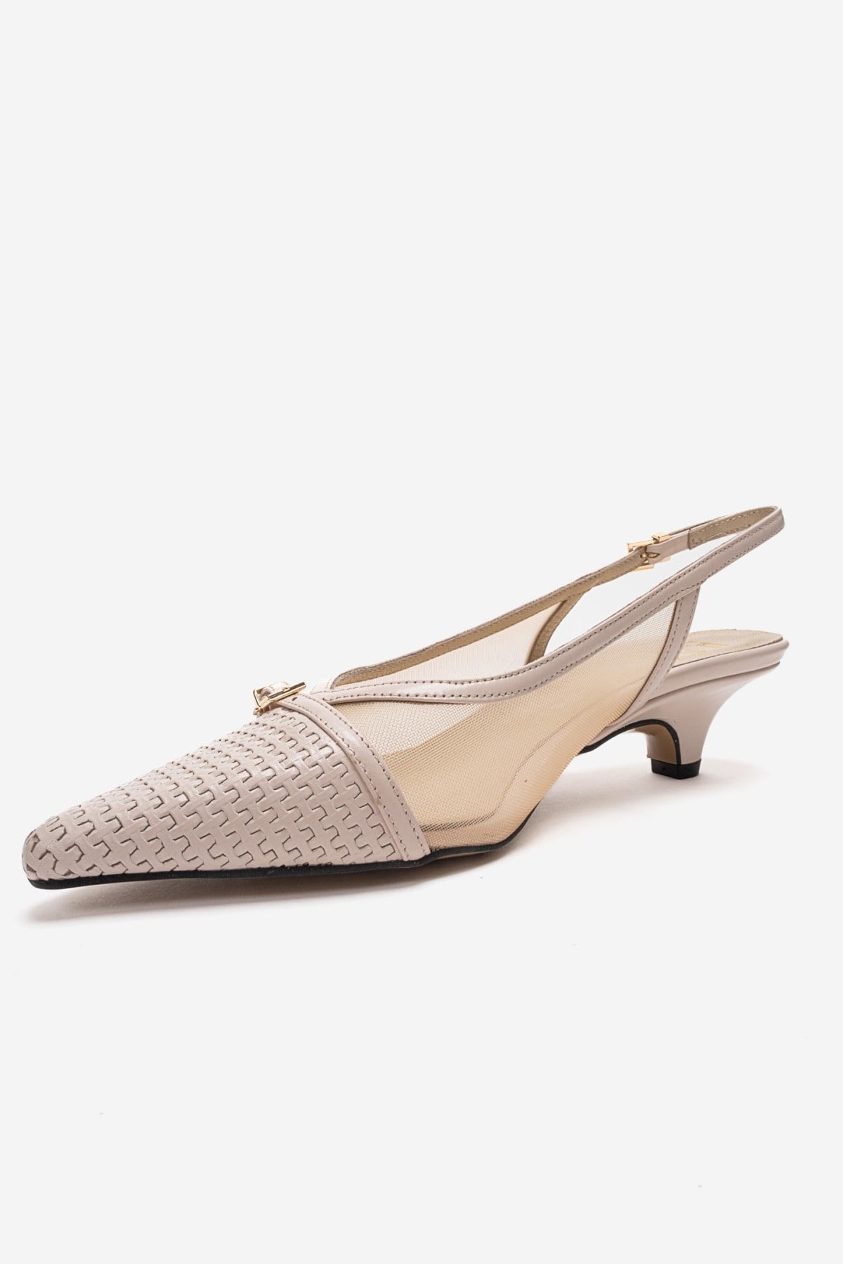 LAVIERA - Beige Genuine Leather Slingback Low Heel Pump – top view showing leather, mesh, metallic, SimmiUnique