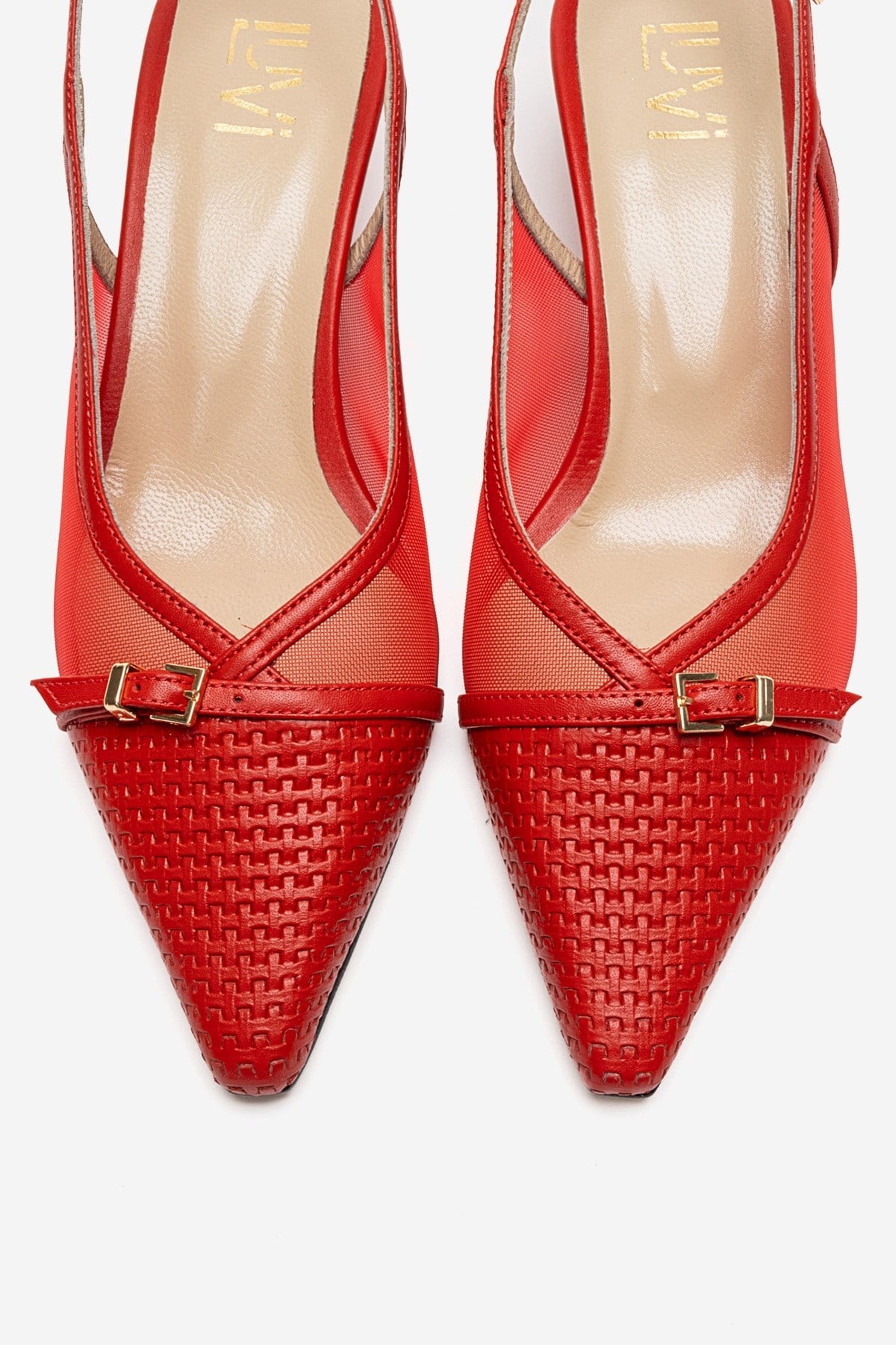 LAVIERA - Red Genuine Leather Slingback Low Heel Pump – side view showing leather, mesh, metallic, SimmiUnique