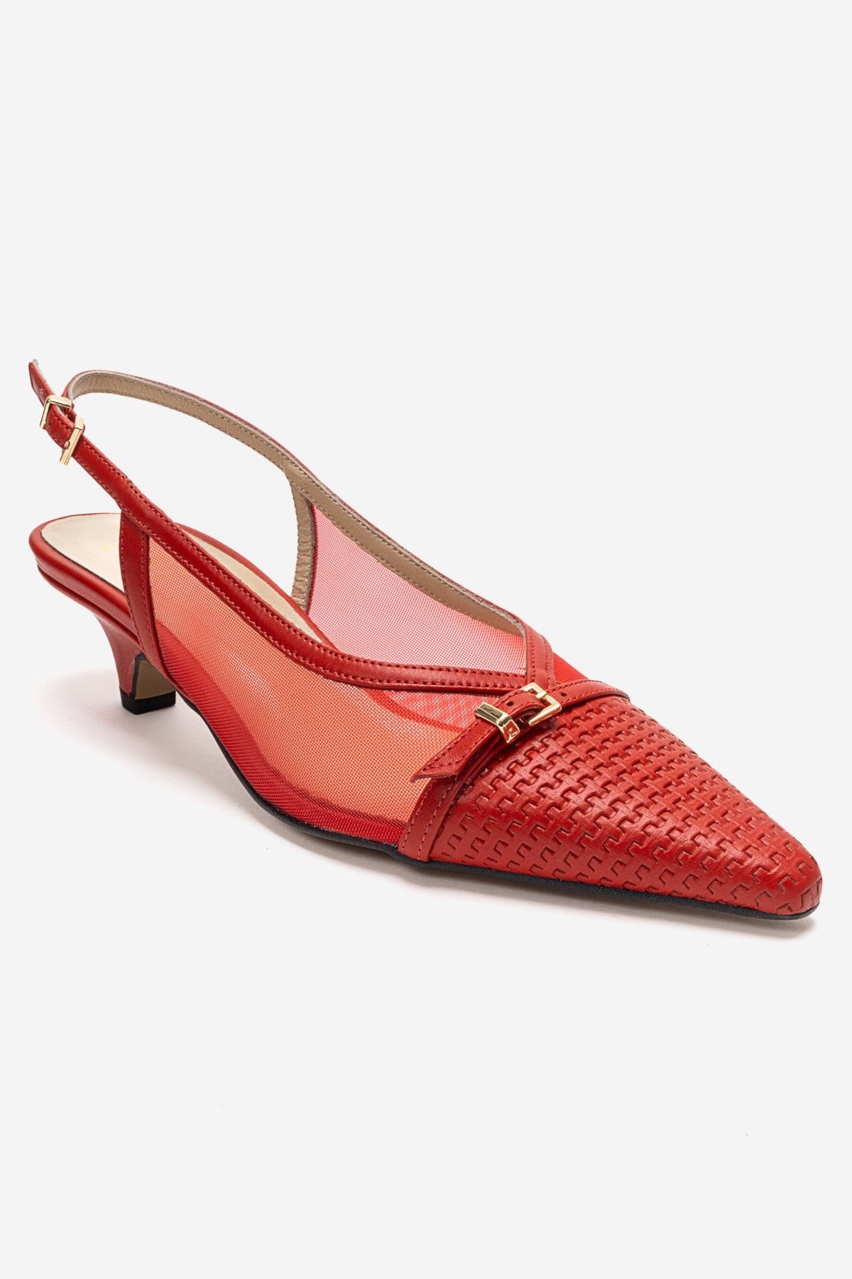 LAVIERA - Red Genuine Leather Slingback Low Heel Pump – detail view showing leather, mesh, metallic, SimmiUnique