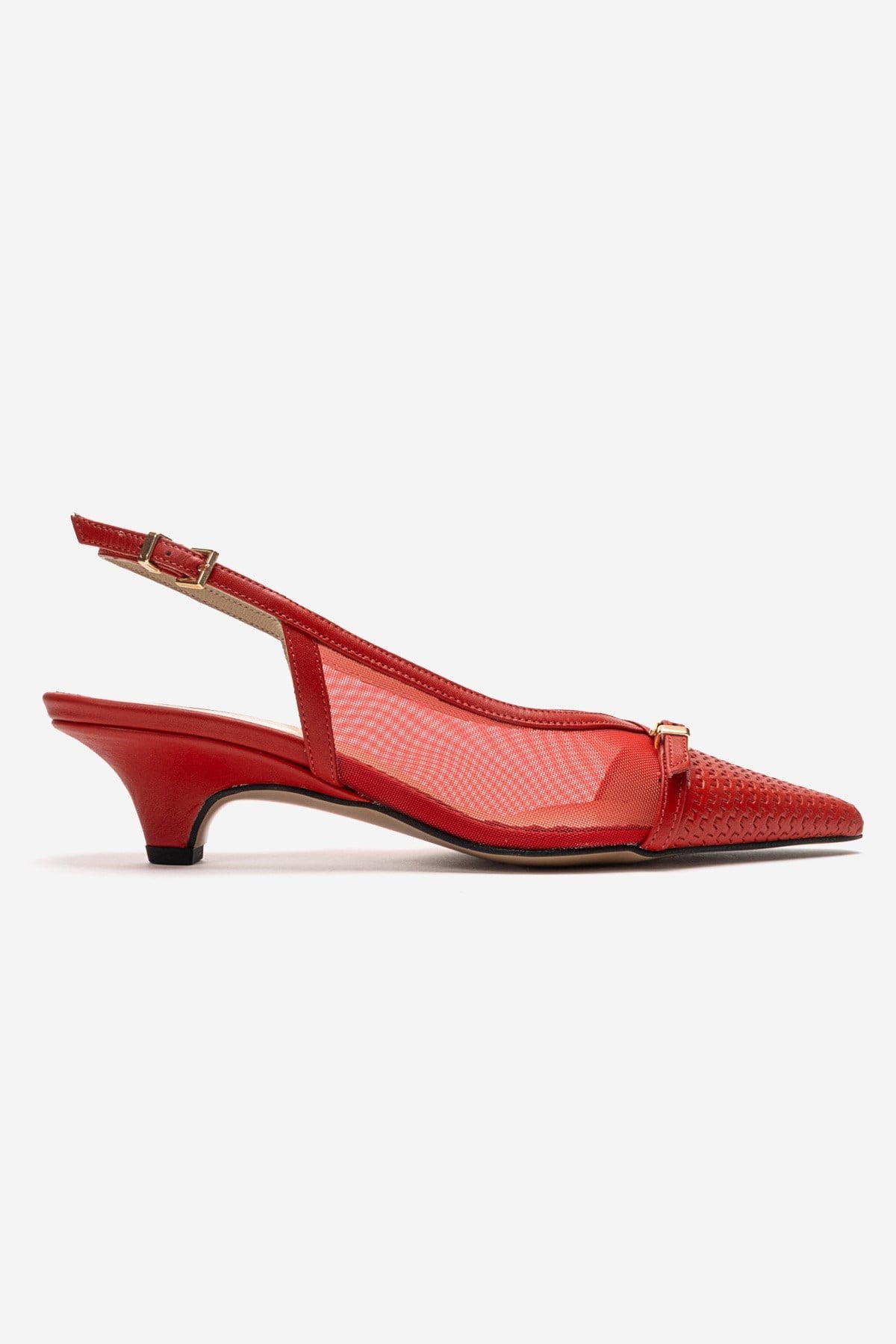 LAVIERA - Red Genuine Leather Slingback Low Heel Pump – heel view showing leather, mesh, metallic, SimmiUnique
