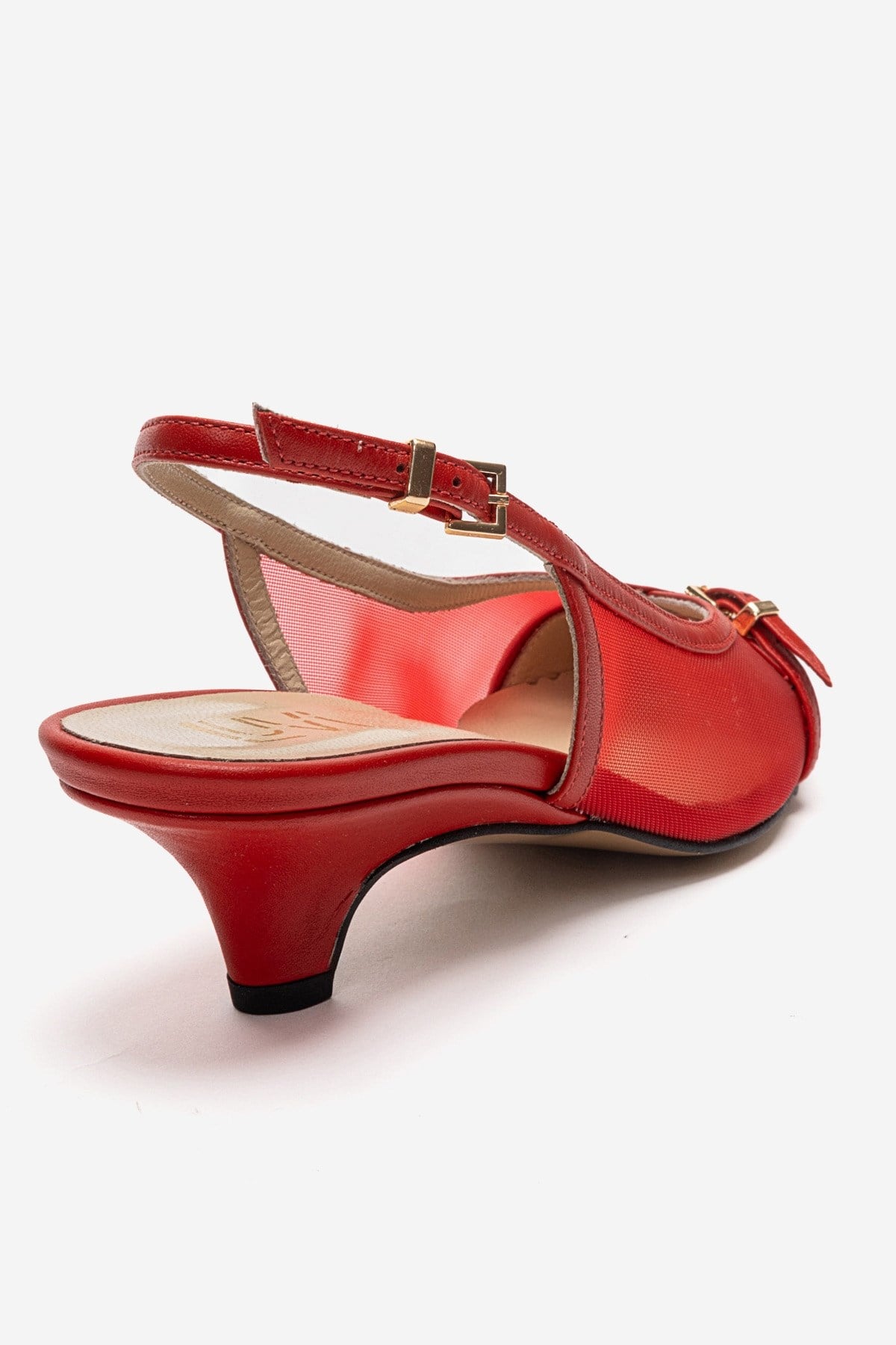LAVIERA - Red Genuine Leather Slingback Low Heel Pump – back view showing leather, mesh, metallic, SimmiUnique