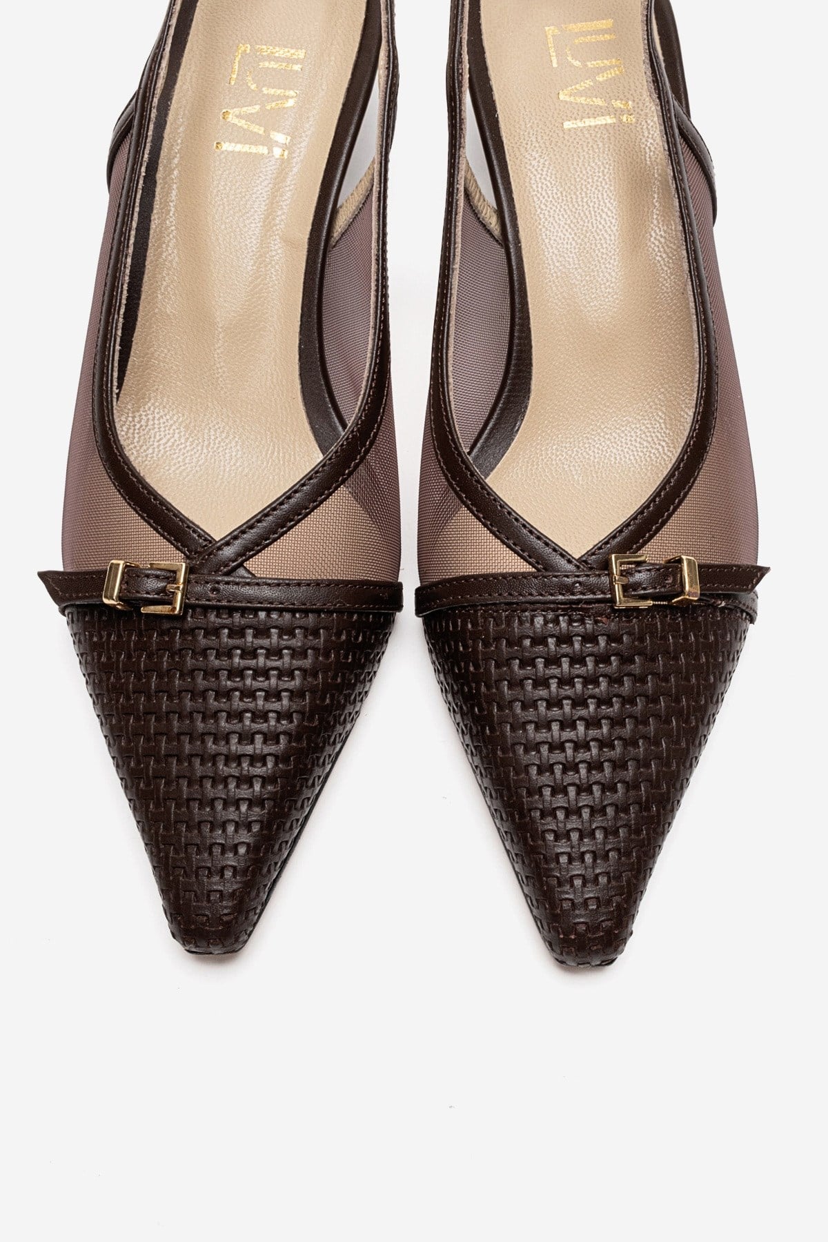 LAVIERA - Cognac Genuine Leather Slingback Low Heel Pump – side view showing leather, mesh, metallic, SimmiUnique