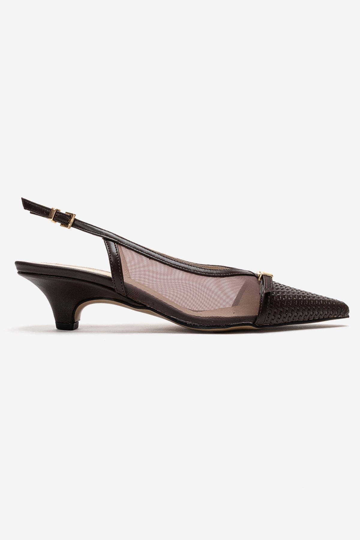 LAVIERA - Cognac Genuine Leather Slingback Low Heel Pump – heel view showing leather, mesh, metallic, SimmiUnique