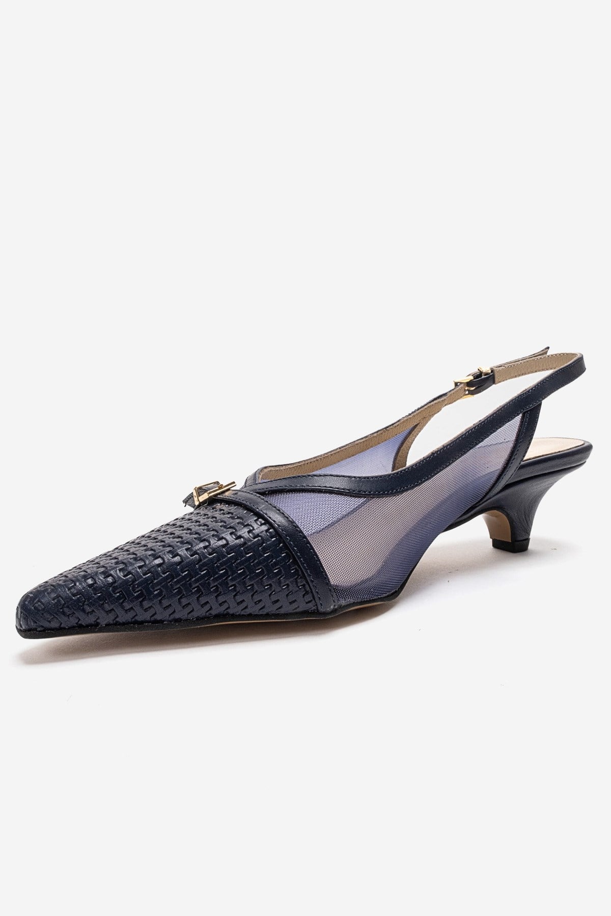 LAVIERA - Navy Genuine Leather Slingback Low Heel Pump – top view showing leather, mesh, metallic, SimmiUnique
