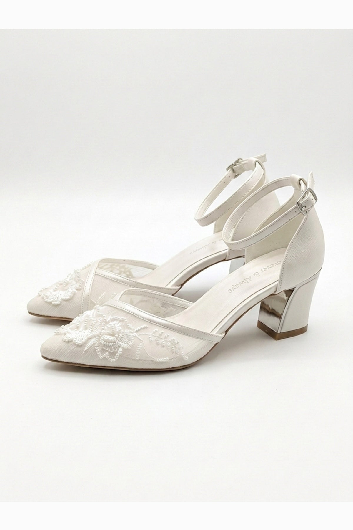 Viona Embroidered Lace Bridal Pumps – back view showing lace, mesh, red, SimmiUnique