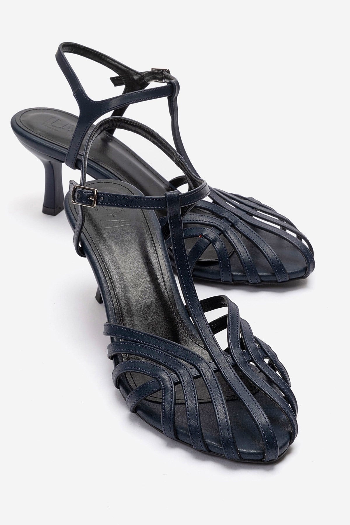 Felip - Navy Strappy Low Heel Sandal – front three-quarter view showing leather, red, SimmiUnique