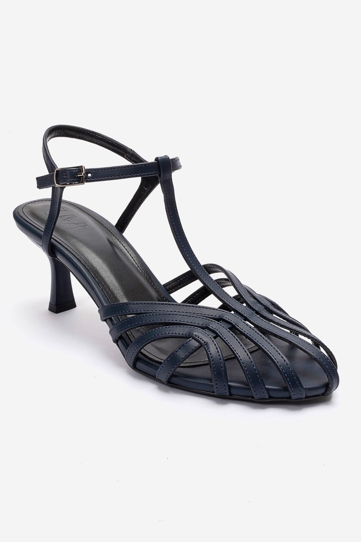 Felip - Navy Strappy Low Heel Sandal – detail view showing leather, red, SimmiUnique