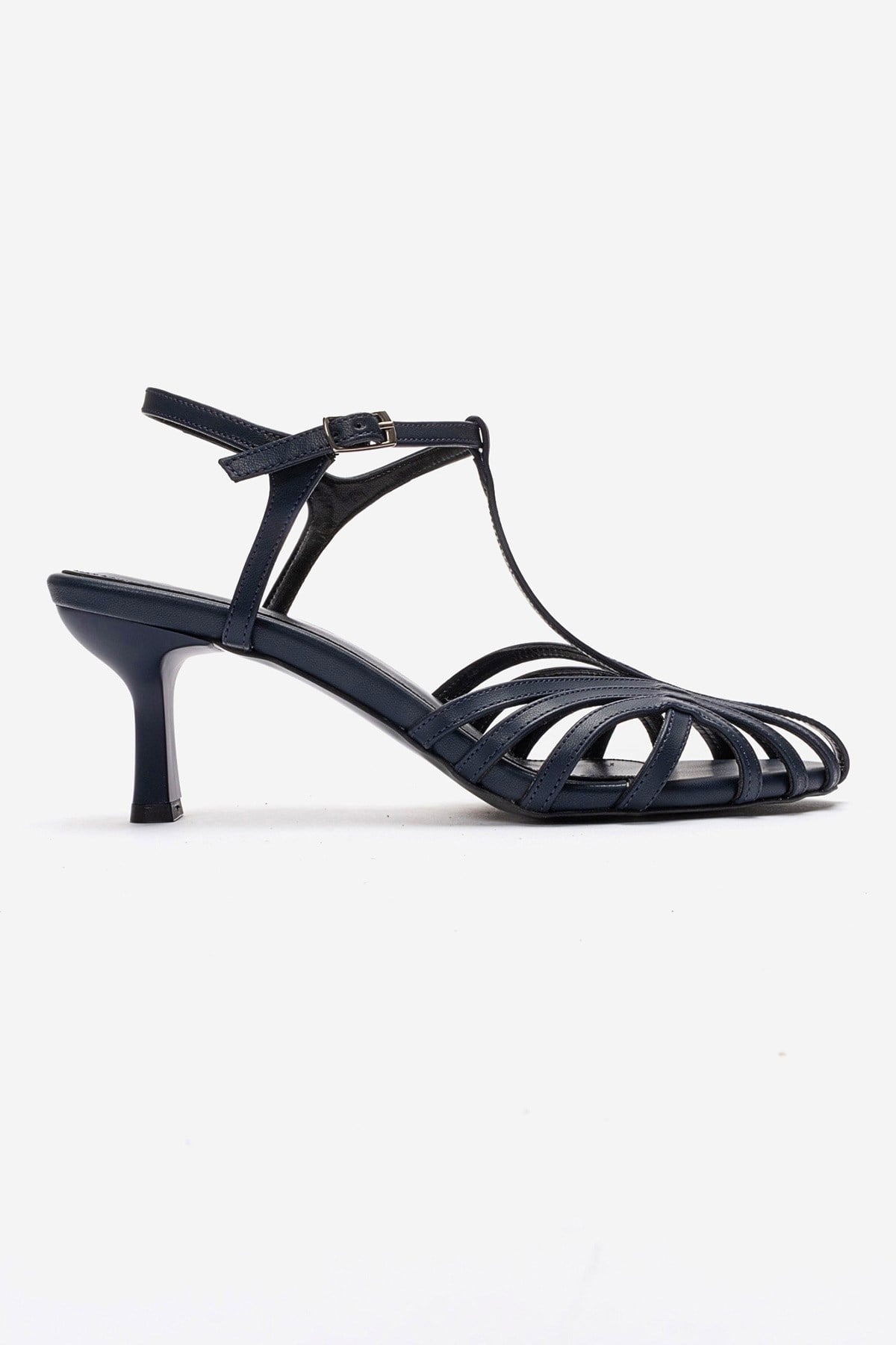 Felip - Navy Strappy Low Heel Sandal – heel view showing leather, red, SimmiUnique