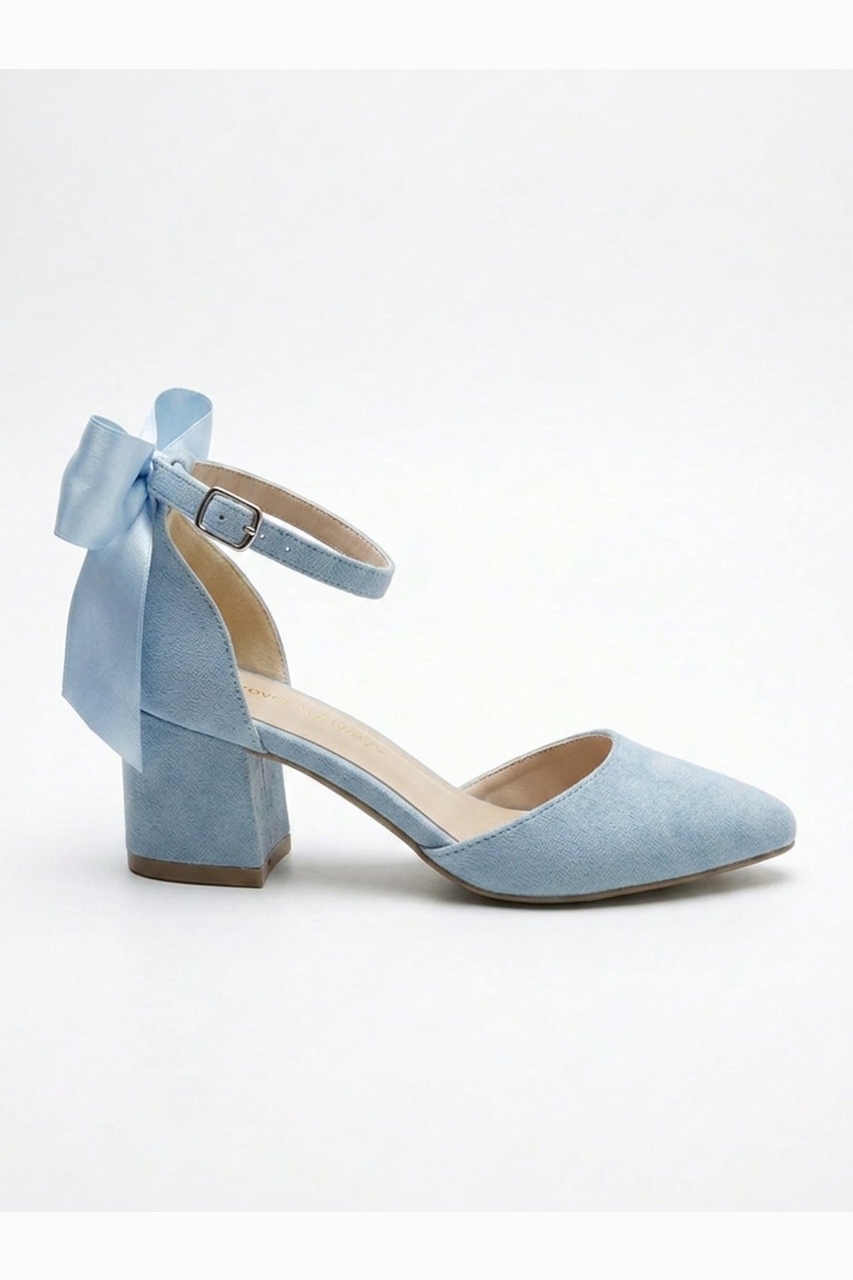 Arielle Baby Blue Suede Bow Ankle Strap Block Heel Sandal – side view showing bow, satin, suede, SimmiUnique