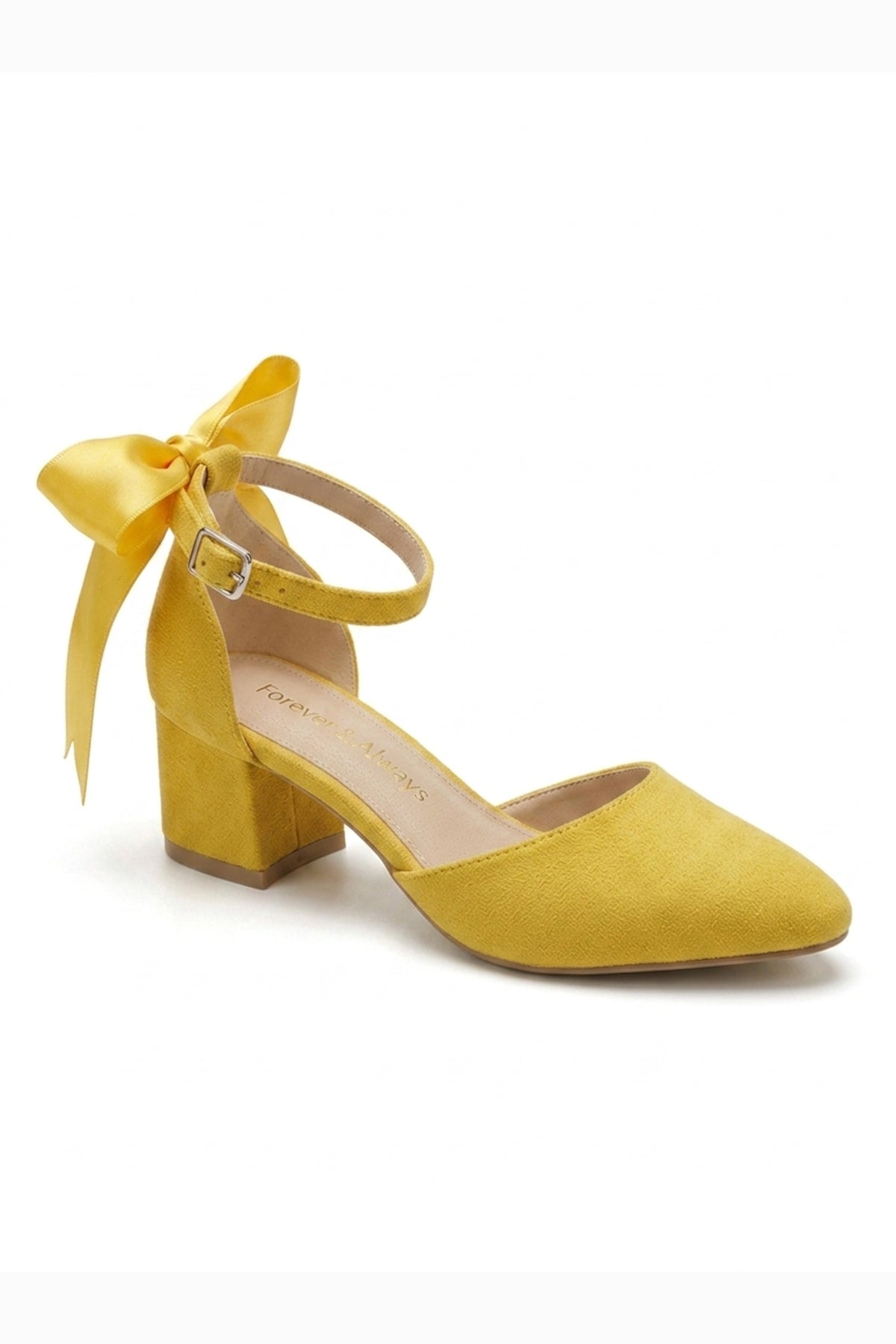 Arielle Yellow Suede Bow Ankle Strap Block Heel Sandal – front three-quarter view showing bow, satin, suede, SimmiUnique