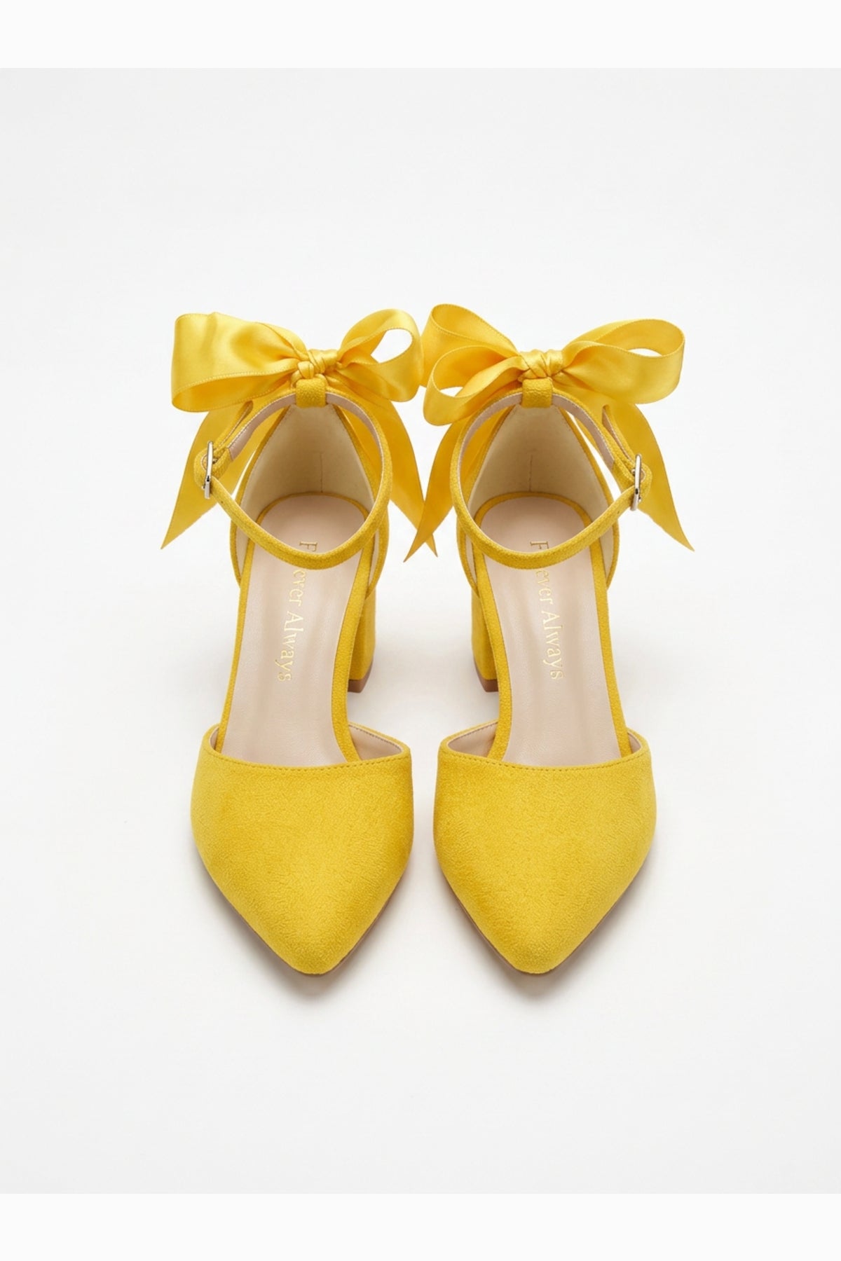 Arielle Yellow Suede Bow Ankle Strap Block Heel Sandal – back view showing bow, satin, suede, SimmiUnique
