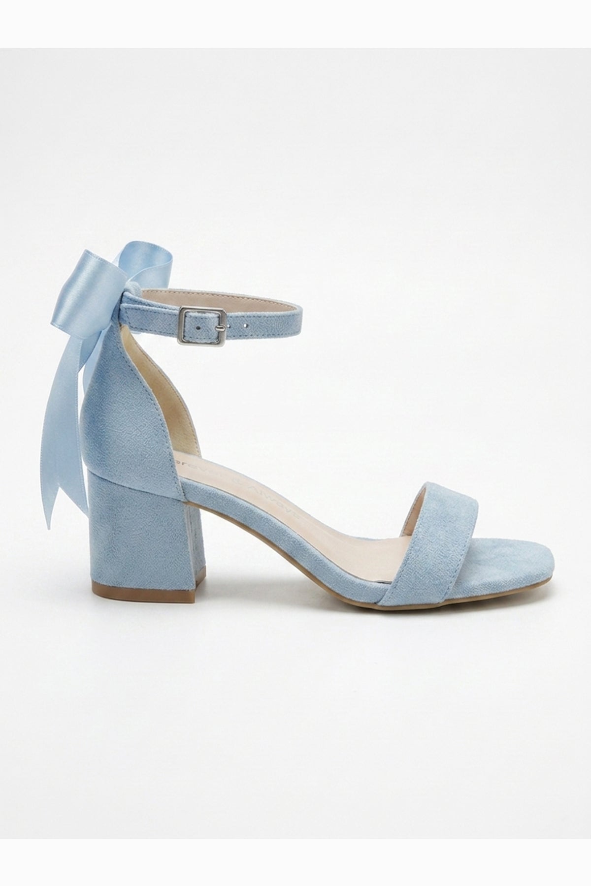 Rochelle Baby Blue Suede Ankle Strap Block Heel Sandal – side view showing satin, suede, blue, SimmiUnique