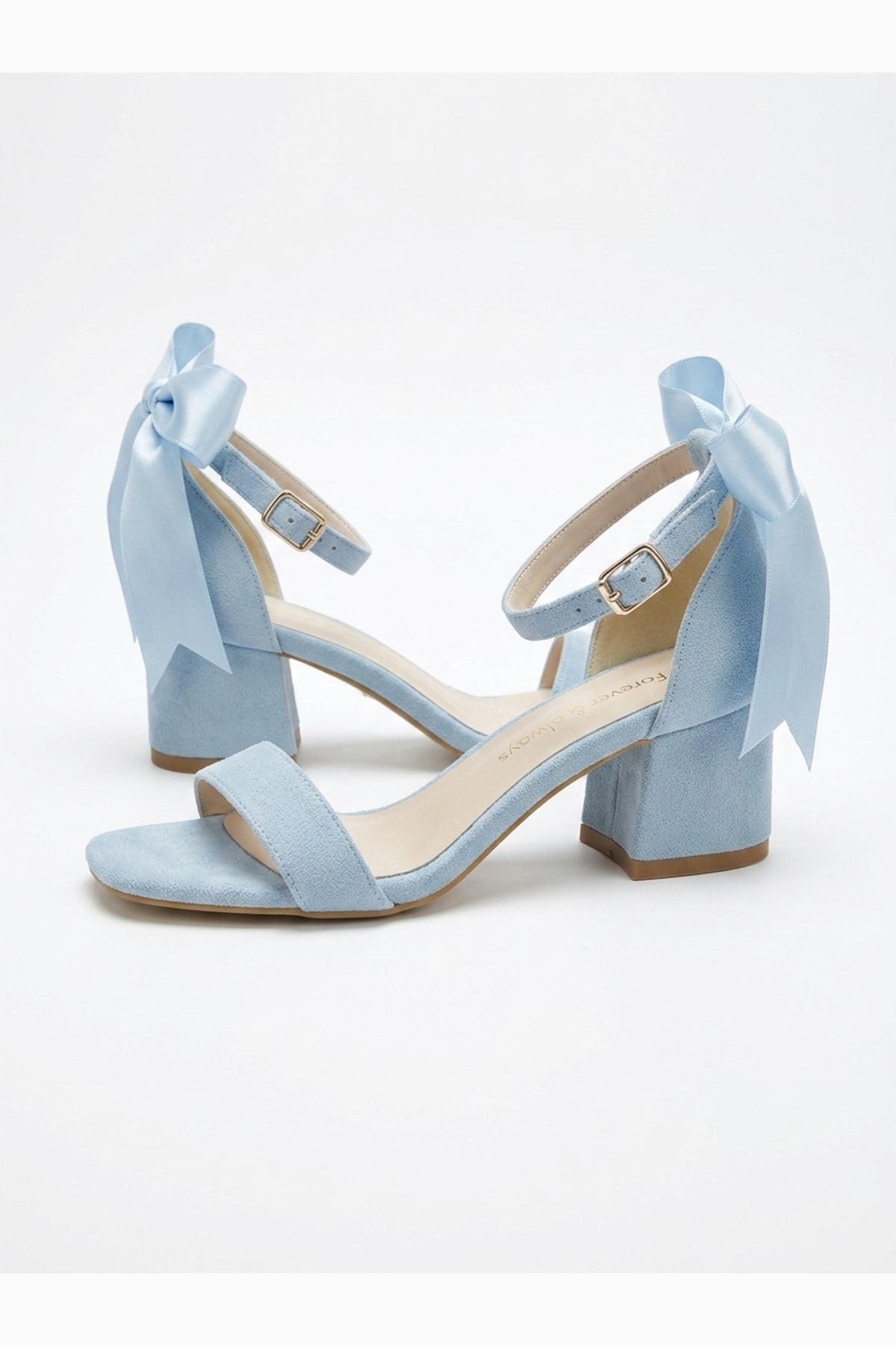 Rochelle Baby Blue Suede Ankle Strap Block Heel Sandal – back view showing satin, suede, blue, SimmiUnique