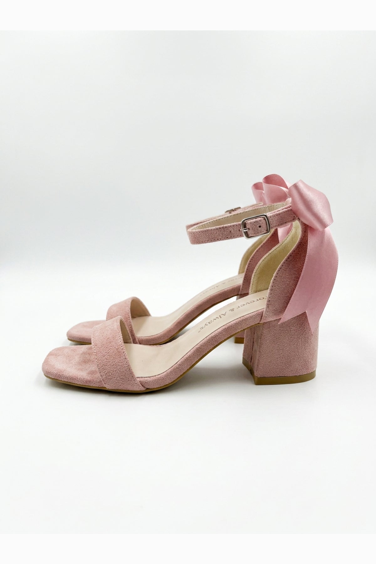 Rochelle Dusty Pink Suede Ankle Strap Block Heel Sandal – back view showing satin, suede, pink, SimmiUnique
