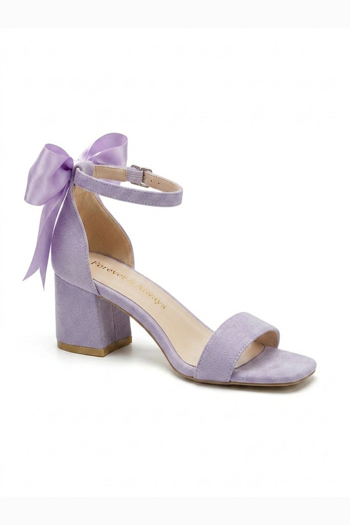Rochelle Lilac Suede Ankle Strap Block Heel Sandal – front three-quarter view showing satin, suede, red, SimmiUnique