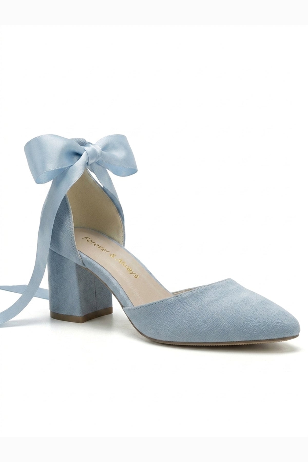 Fiona - Baby Blue Suede Heels With Satin Ribbon – front three-quarter view showing bow, satin, suede, SimmiUnique