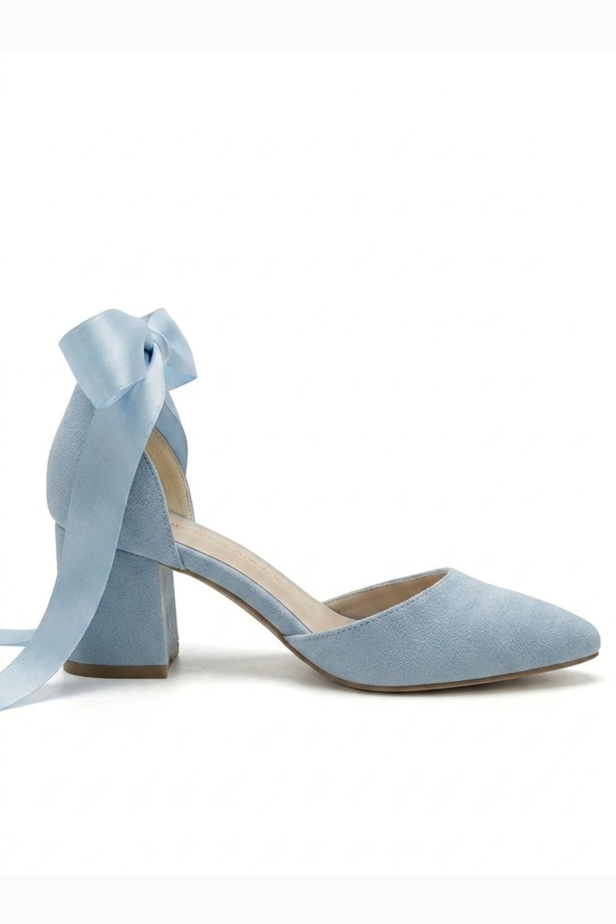 Fiona - Baby Blue Suede Heels With Satin Ribbon – side view showing bow, satin, suede, SimmiUnique
