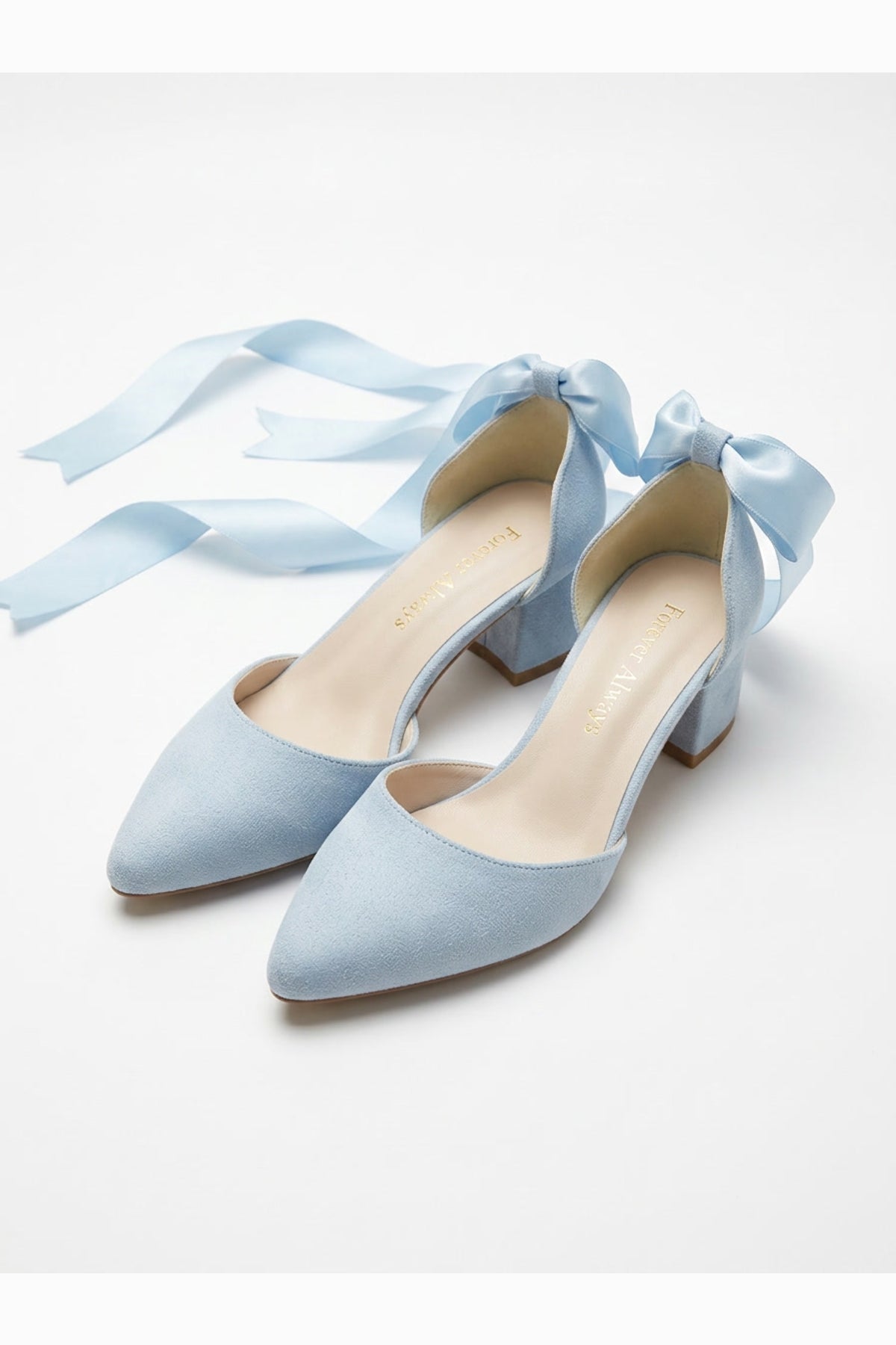 Fiona - Baby Blue Suede Heels With Satin Ribbon – back view showing bow, satin, suede, SimmiUnique