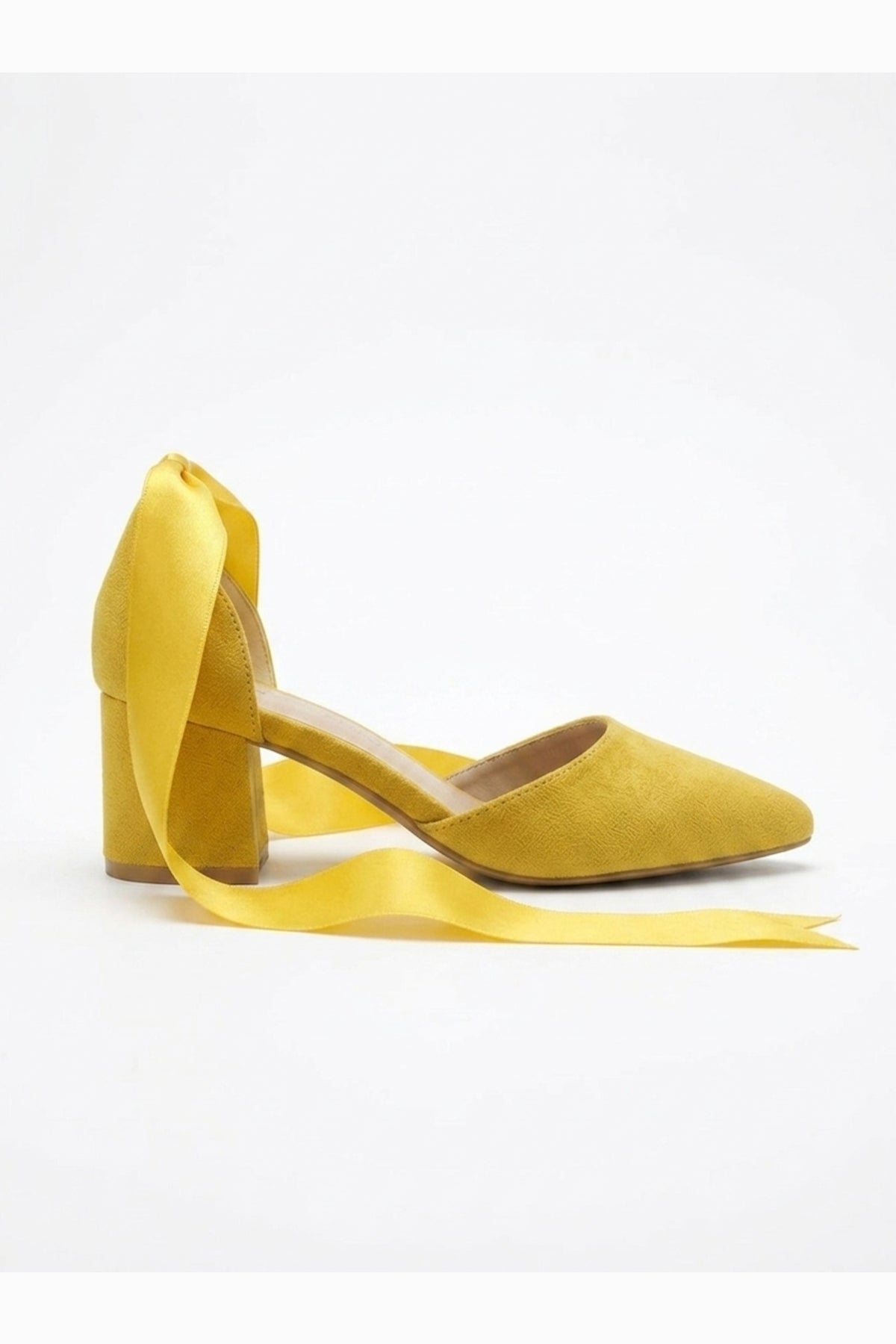 Fiona - Yellow Suede Heels With Satin Ribbon – side view showing bow, satin, suede, SimmiUnique