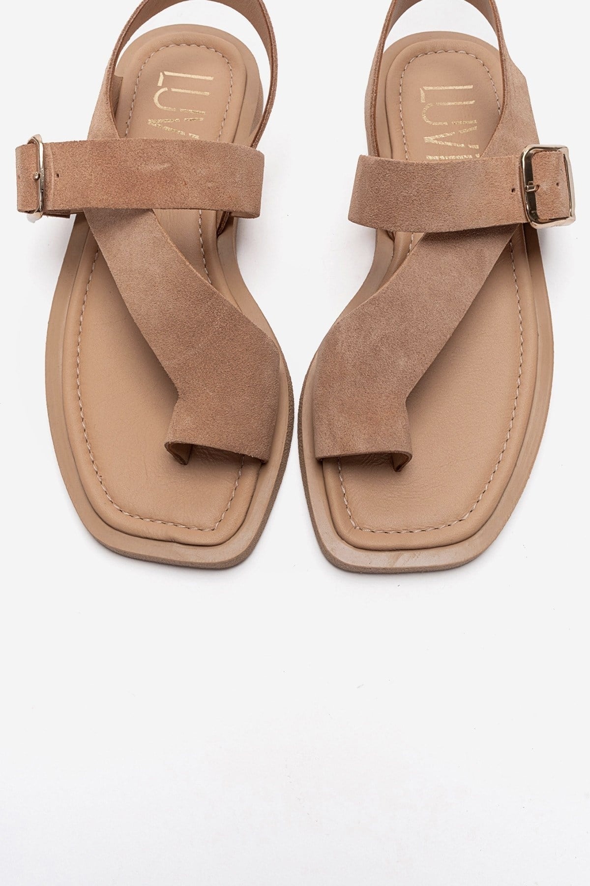 CURRY - Taupe Genuine Leather Toe-Post Sandal – side view showing leather, suede, red, SimmiUnique