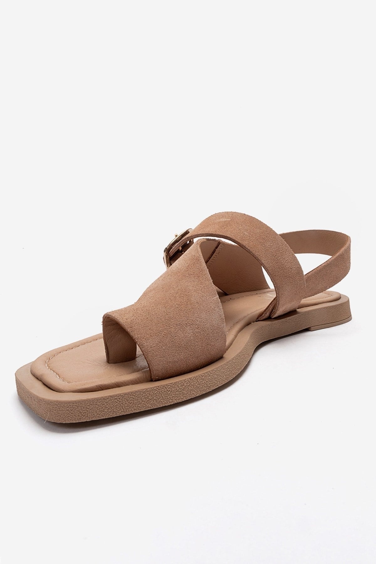 CURRY - Taupe Genuine Leather Toe-Post Sandal – top view showing leather, suede, red, SimmiUnique