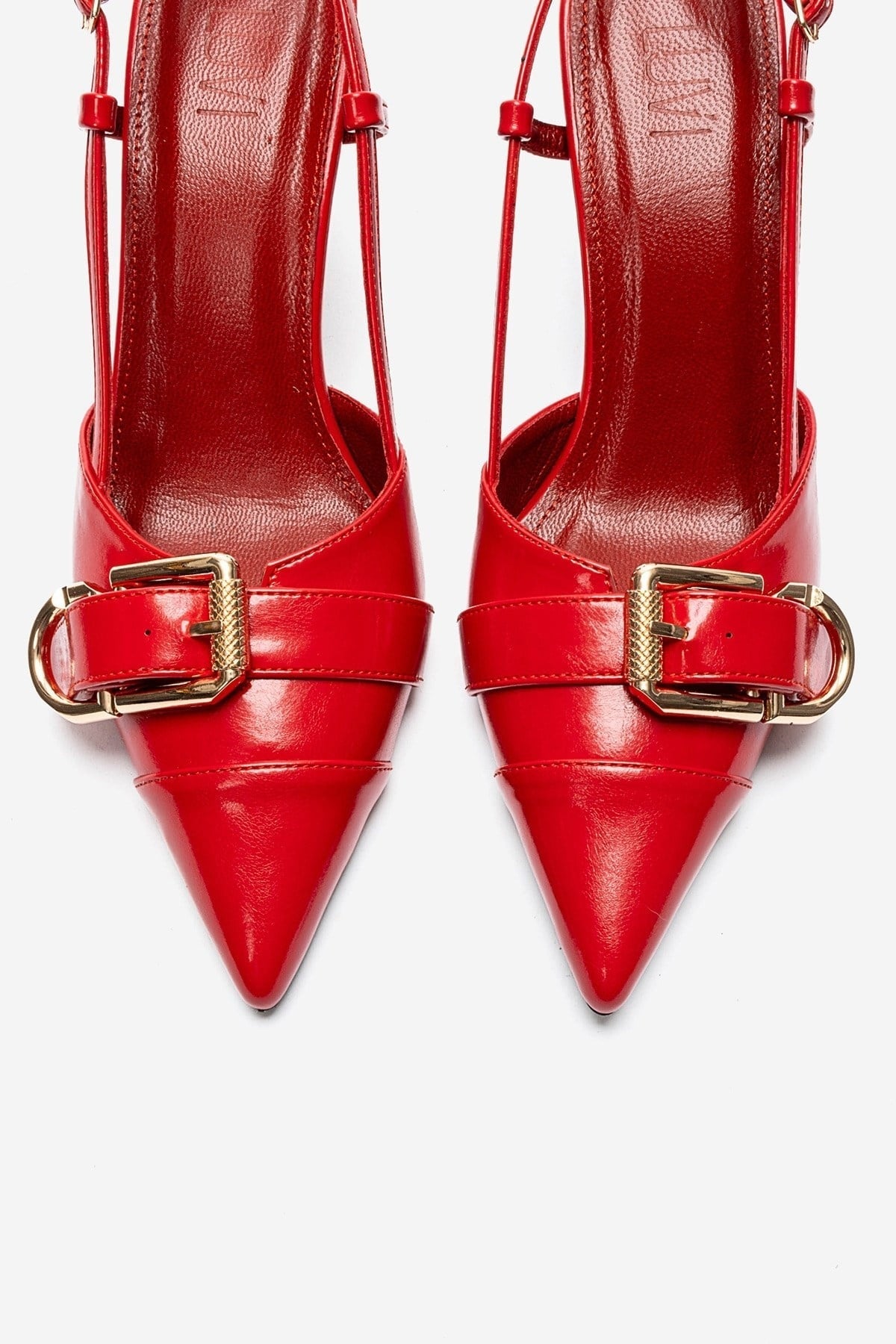 NOEN - Red Buckled Pointed Toe Stiletto Pump – side view showing leather, red, SimmiUnique